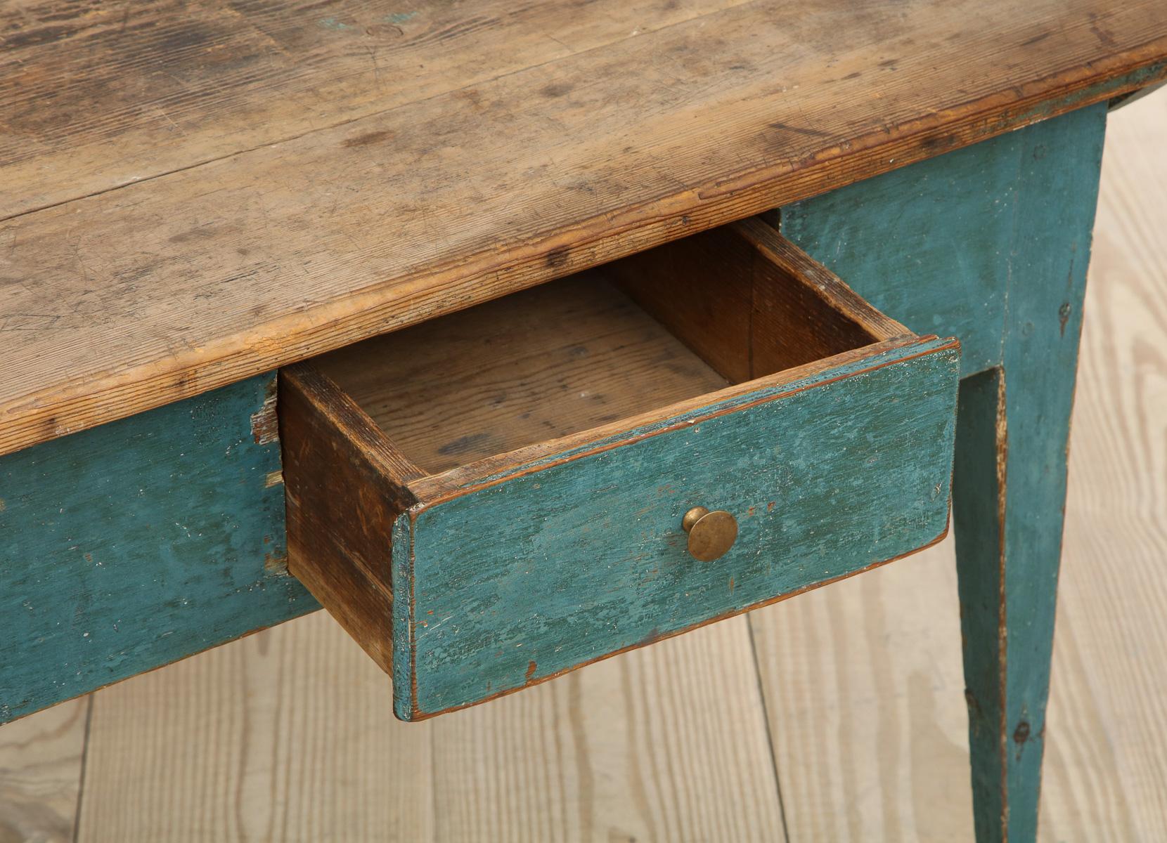 Hand-Crafted Gustavian Swedish Table with Drawer with Original Blue Paint, circa 1790