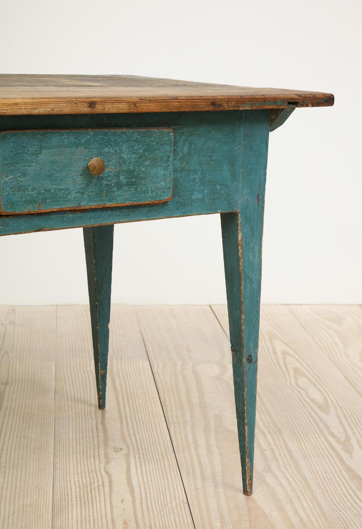 Softwood Gustavian Swedish Table with Drawer with Original Blue Paint, circa 1790