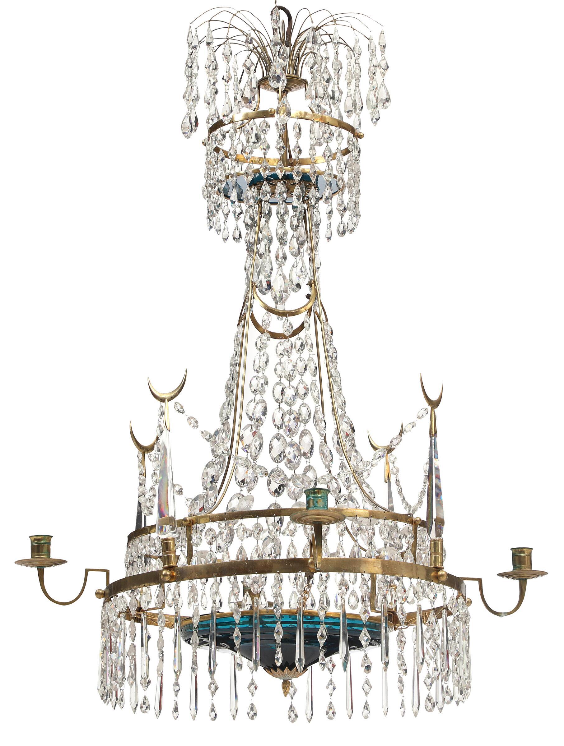 This is one of a kind. A Swedish Gustavian chandelier made around year 1800 is not hard to find but to find one in this design and with its original handblown glass-bowl intact is almost impossible. The colour of the glass-bowl is amazing. This