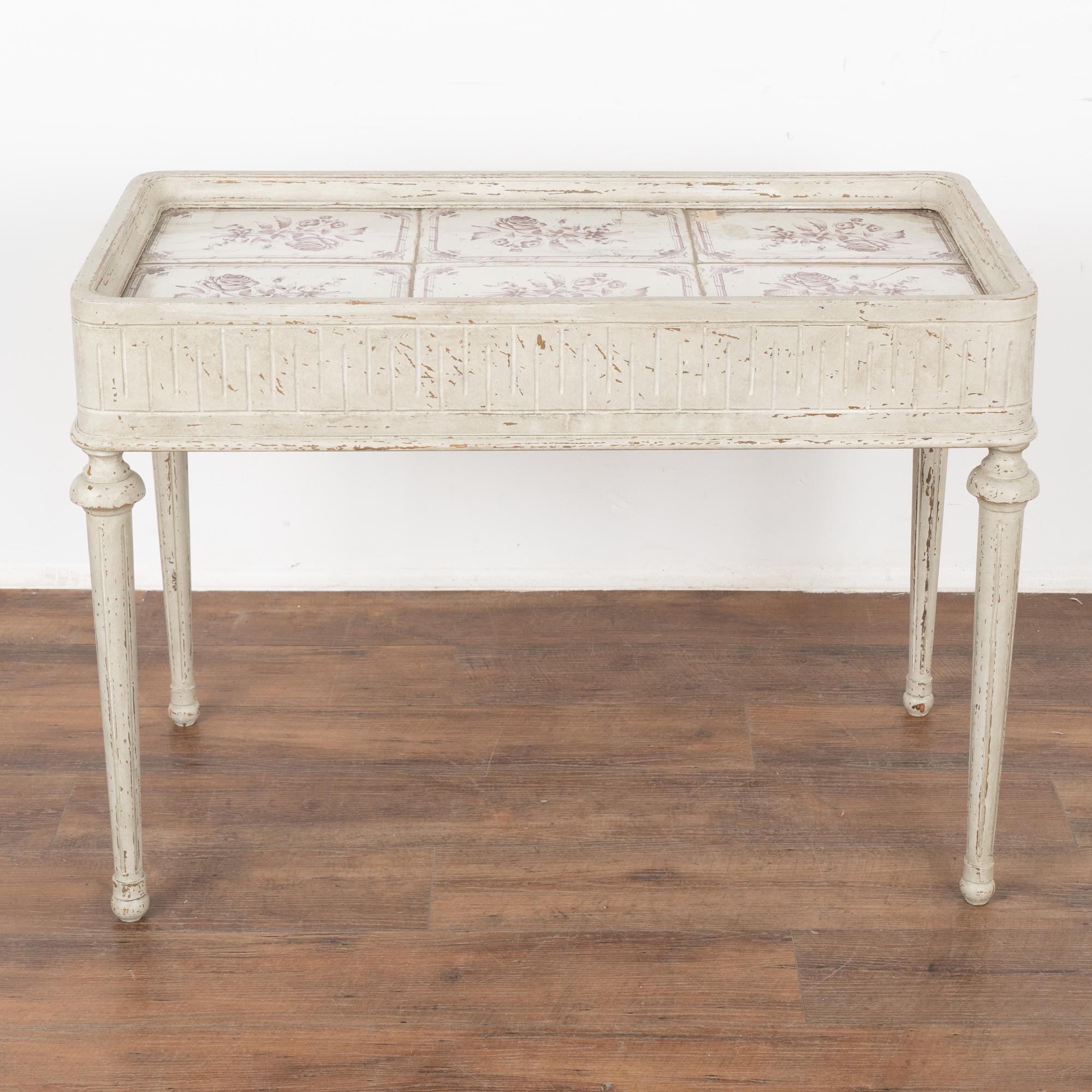 Swedish Gustavian White Tile Top Tea Side Table with Purple Flowers Sweden circa 1860-80 For Sale
