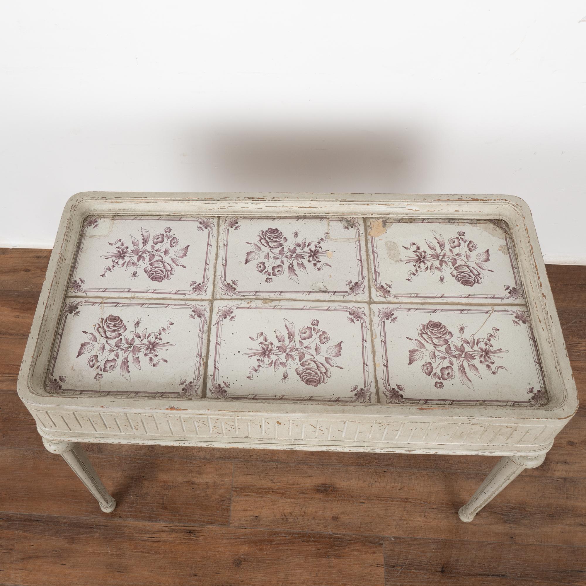 19th Century Gustavian White Tile Top Tea Side Table with Purple Flowers Sweden circa 1860-80 For Sale