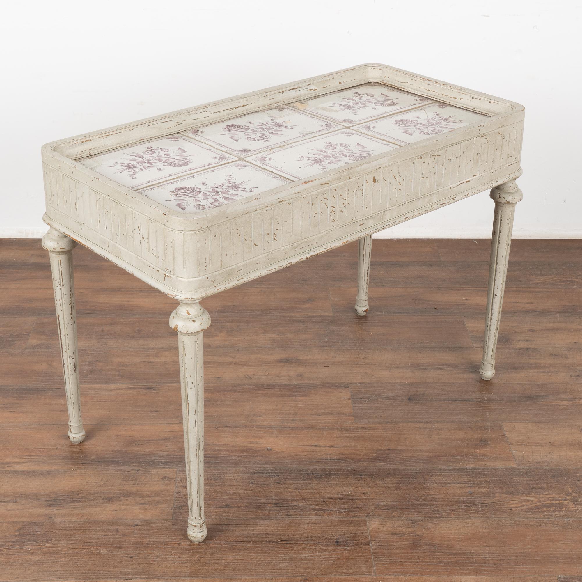 Wood Gustavian White Tile Top Tea Side Table with Purple Flowers Sweden circa 1860-80 For Sale