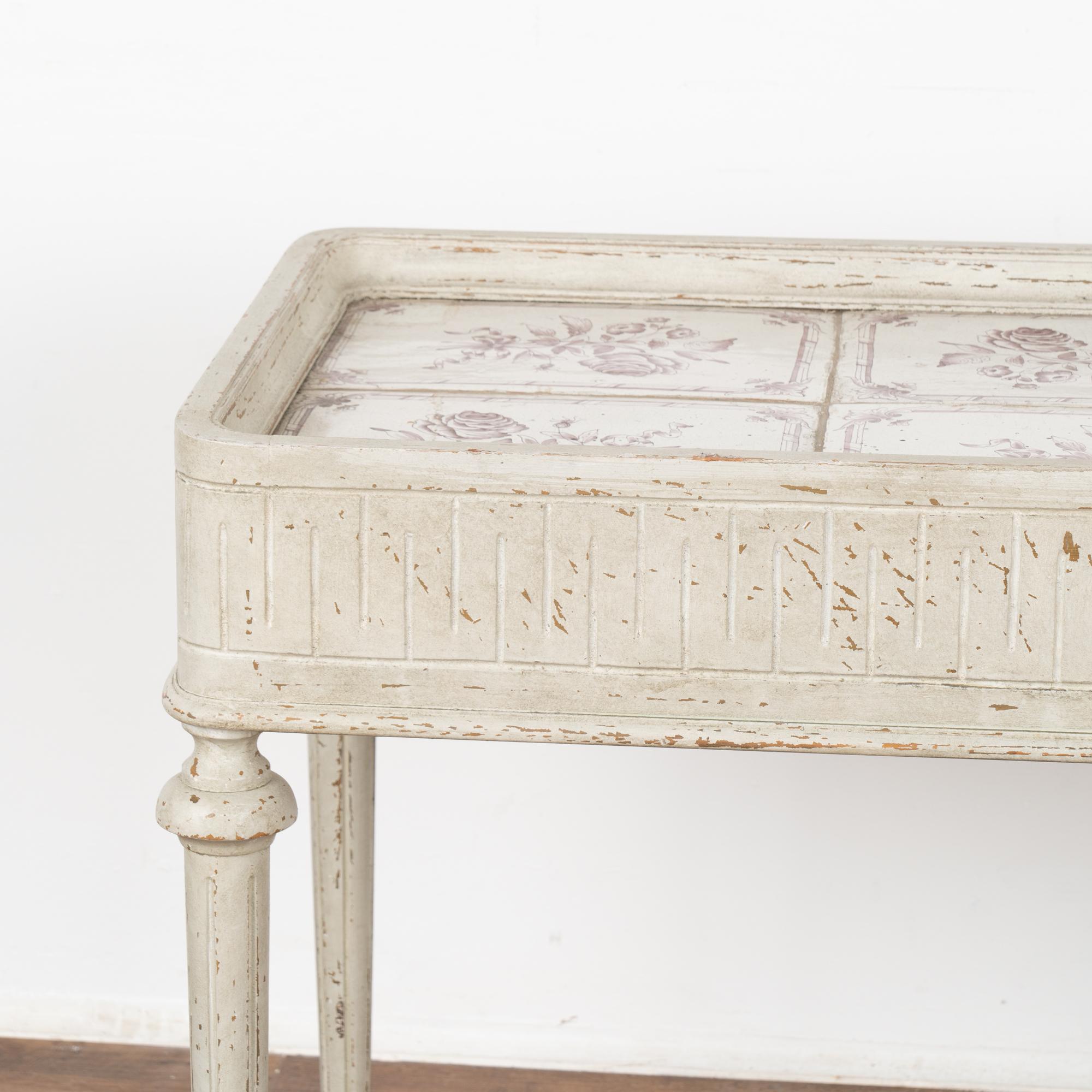Gustavian White Tile Top Tea Side Table with Purple Flowers Sweden circa 1860-80 For Sale 1