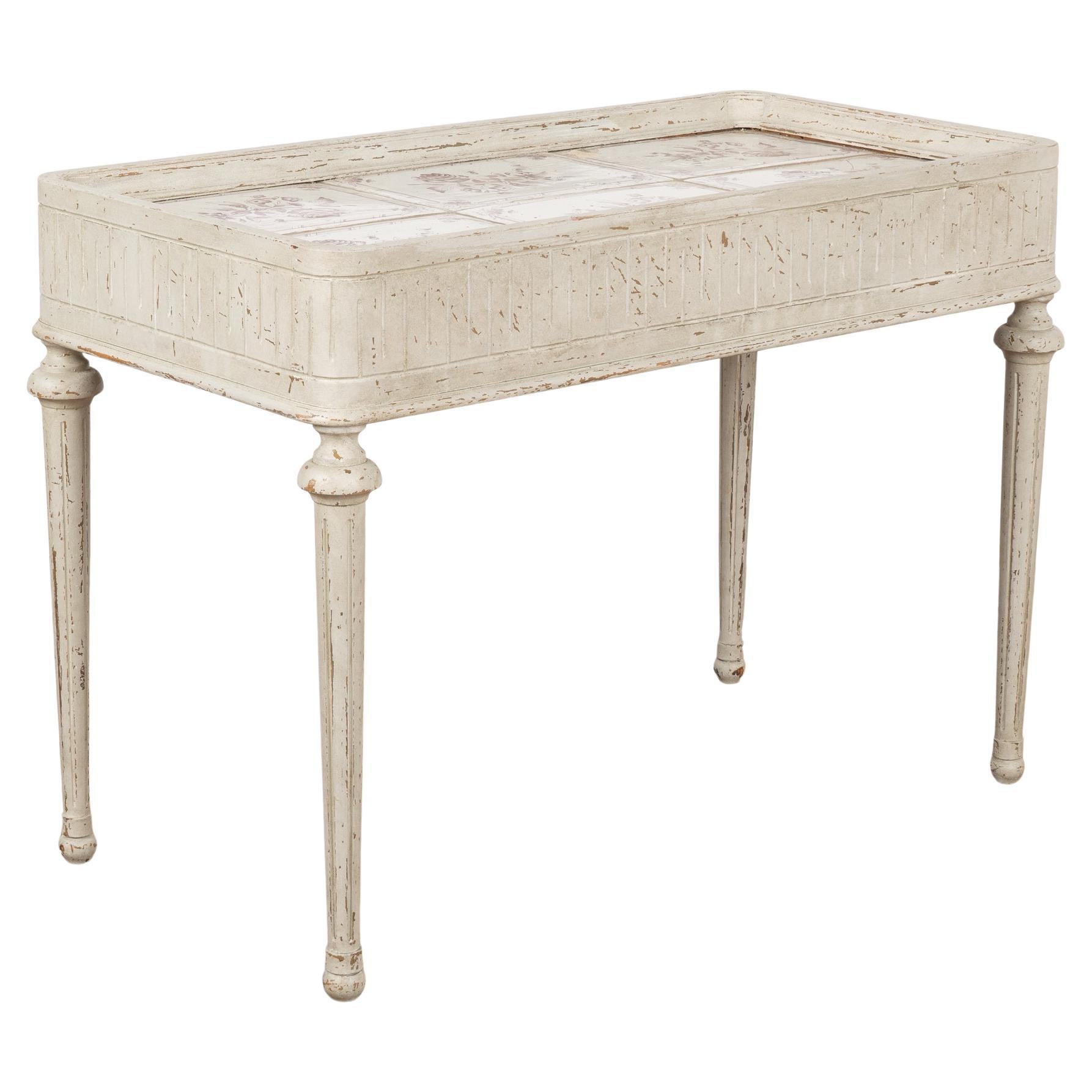 Gustavian White Tile Top Tea Side Table with Purple Flowers Sweden circa 1860-80 For Sale