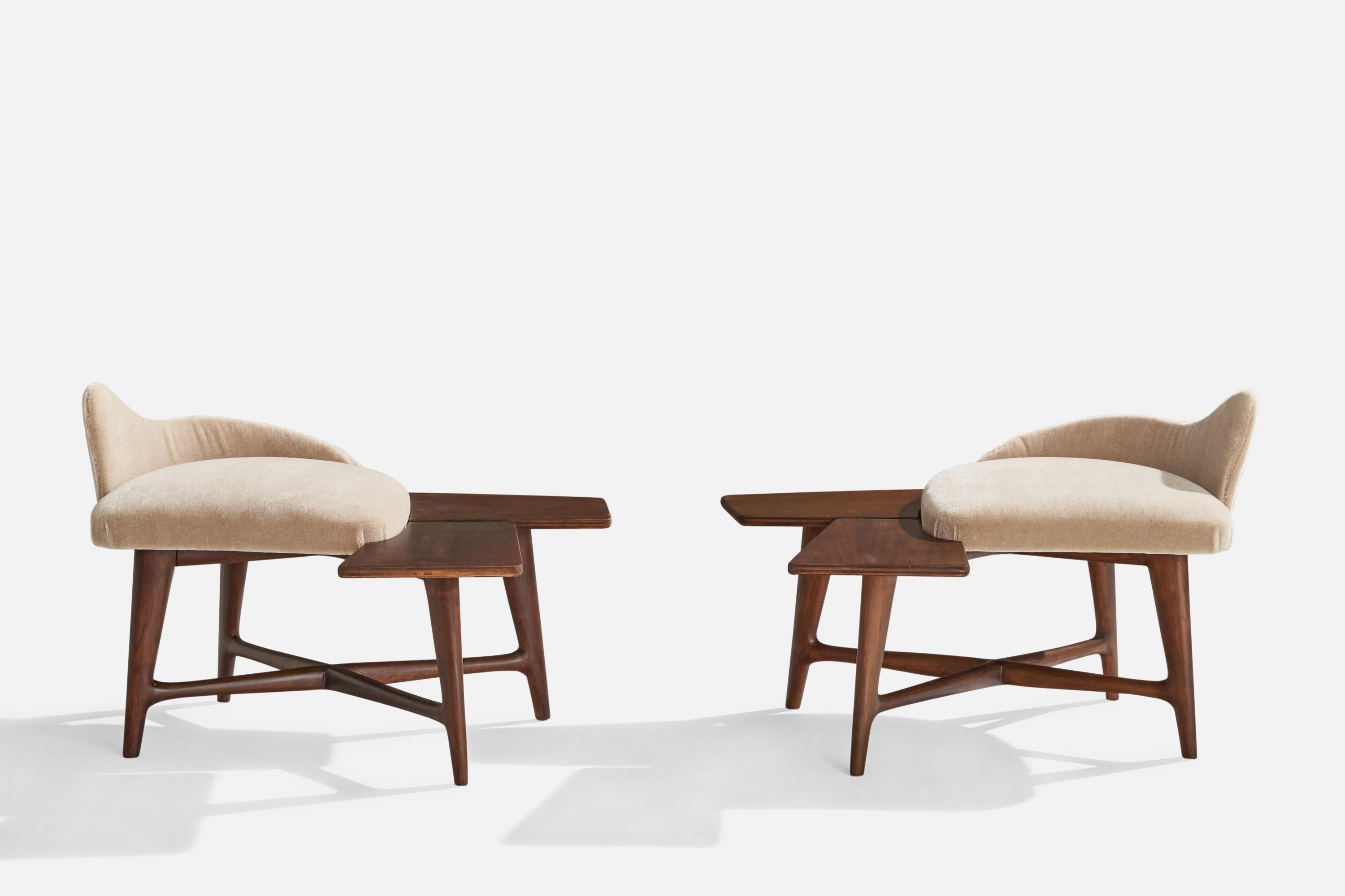 Mid-Century Modern Gustavo and Vito Latis Attribution, Stools, Walnut, Mohair, Italy, 1950s For Sale