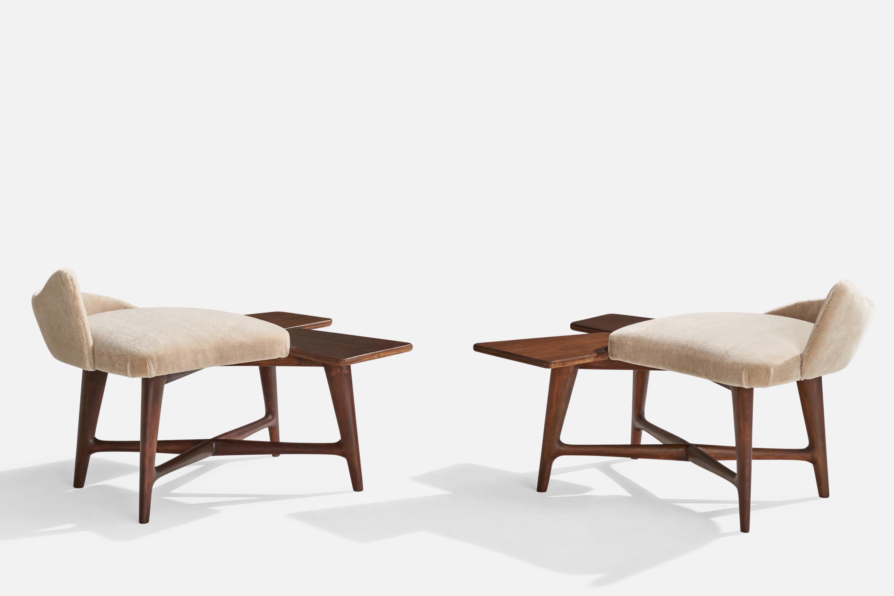Mid-20th Century Gustavo and Vito Latis Attribution, Stools, Walnut, Mohair, Italy, 1950s For Sale