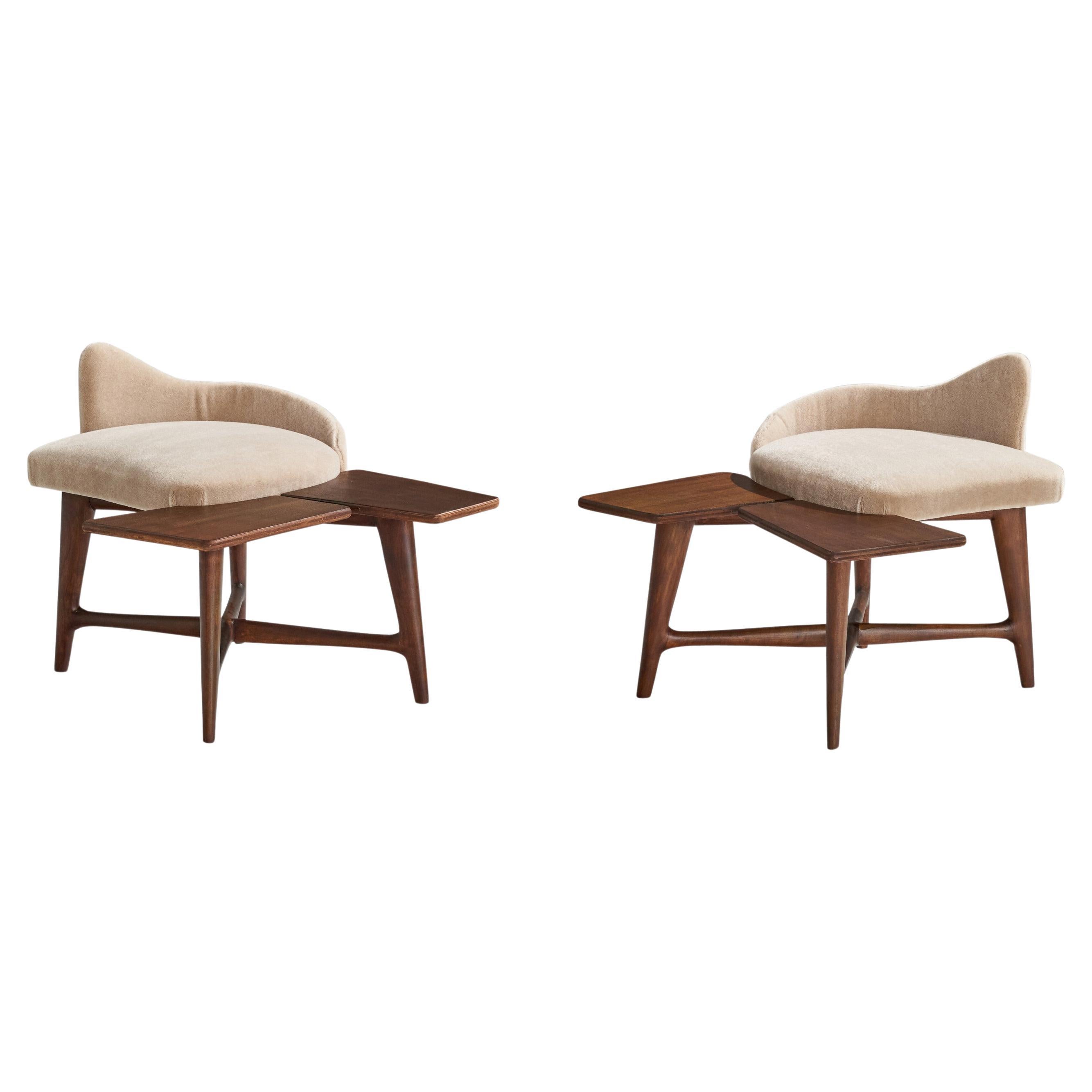 Gustavo and Vito Latis Attribution, Stools, Walnut, Mohair, Italy, 1950s