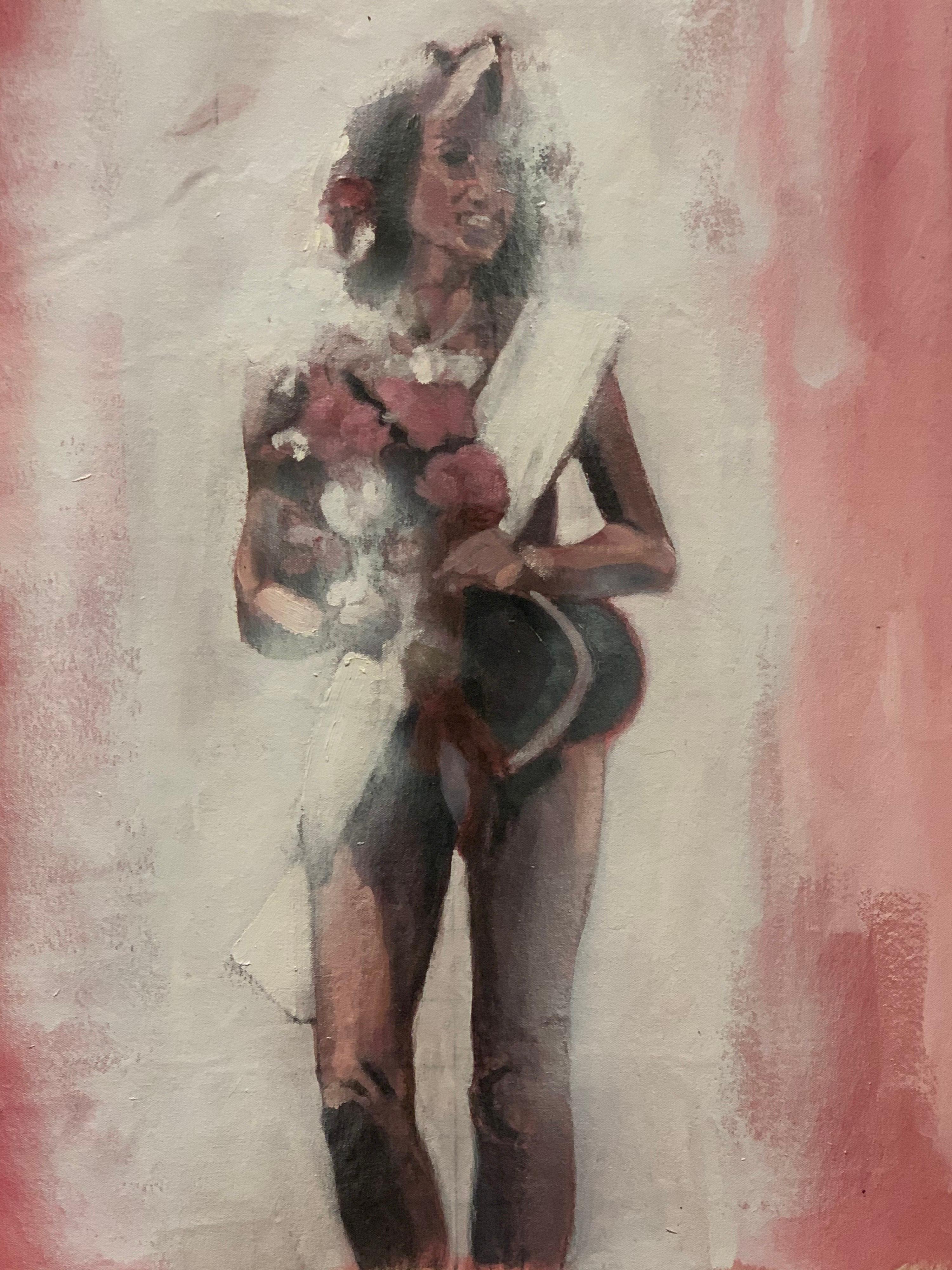 Prize,  Female Figurative, Oil and Aerosol on Canvas, Pink, Off white, Maroon