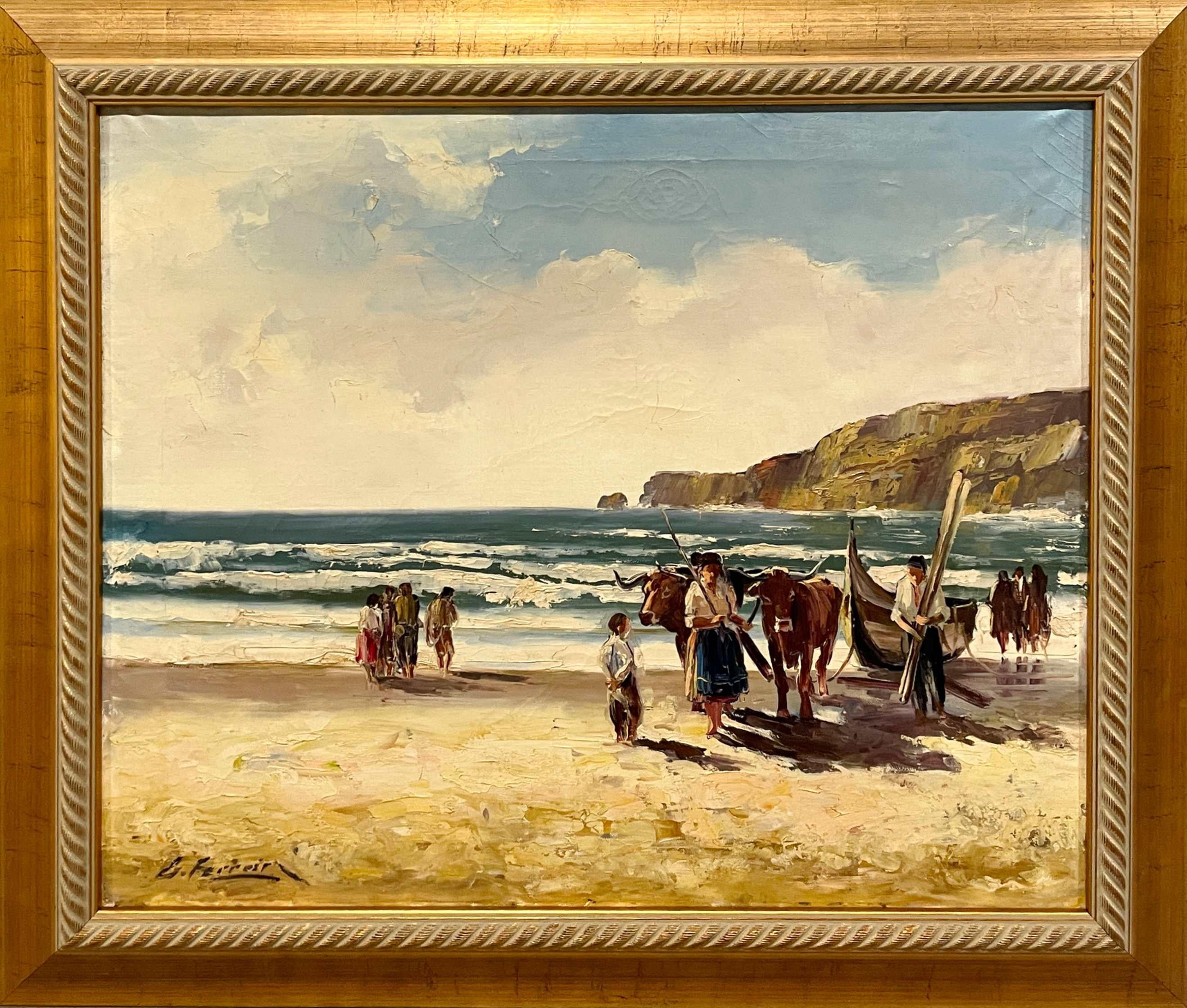 Painting of Fishermen at the Shore Nazarre by Portuguese Artist Gustavo Ferreira - Beige Landscape Painting by gustavo ferreira