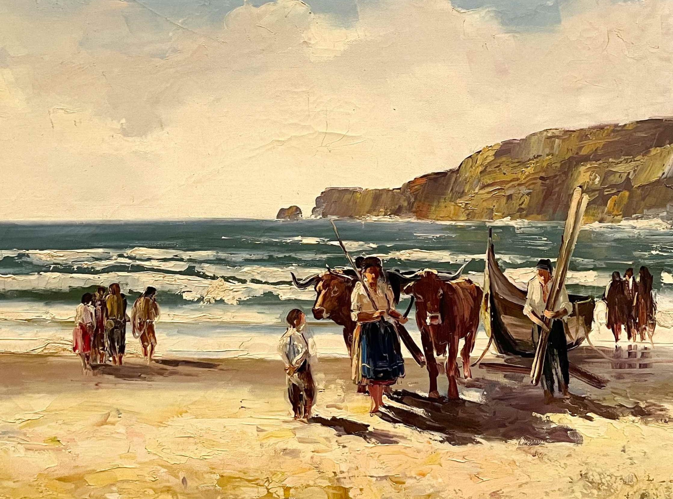 Painting of Fishermen at the Shore Nazarre by Portuguese Artist Gustavo Ferreira For Sale 2