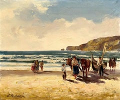 Painting of Fishermen at the Shore Nazarre by Portuguese Artist Gustavo Ferreira