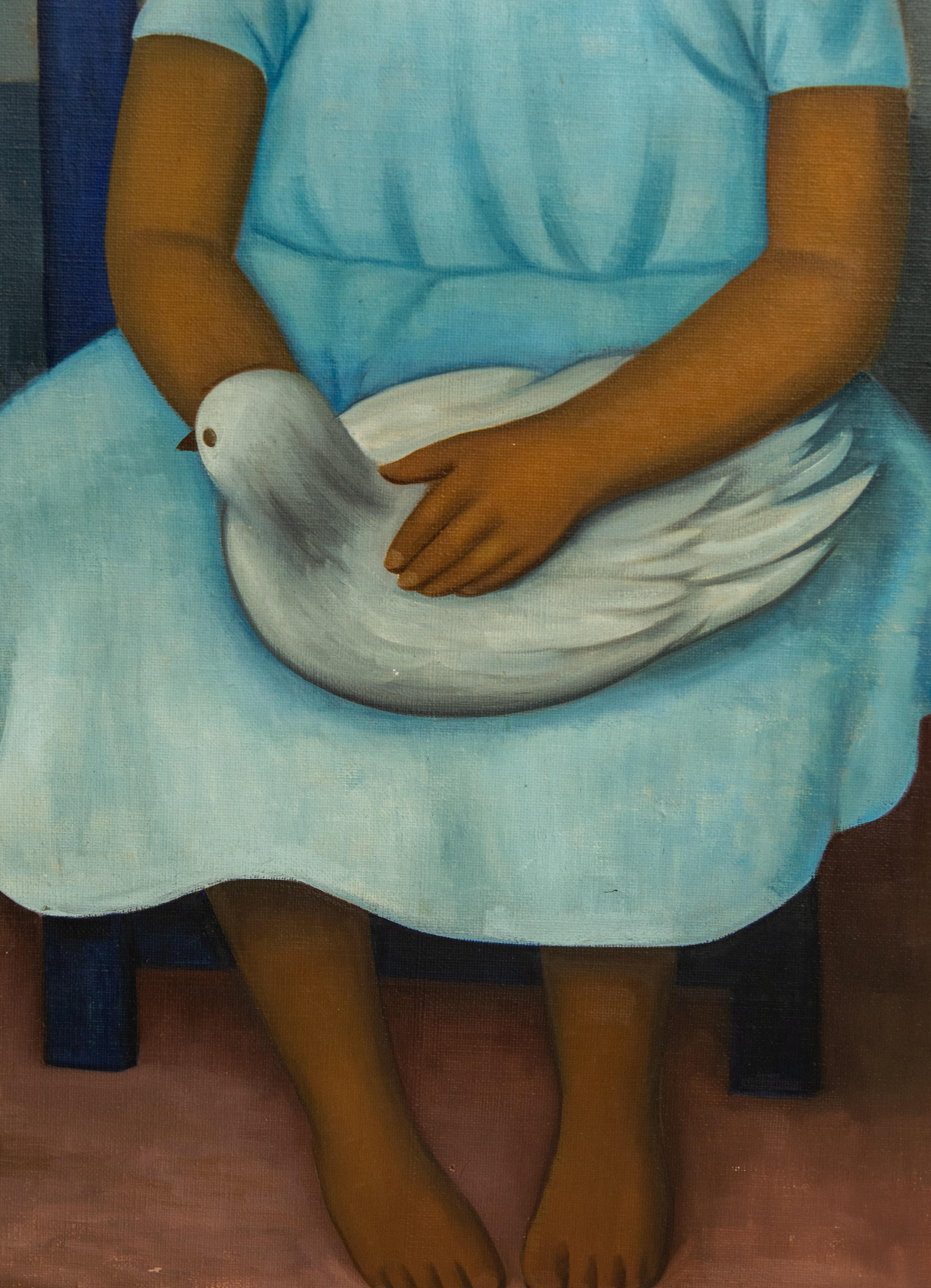 Mexican Gustavo Montoya Niña Sentada en Silla Girl and Dove Seated on Chair Oil Painting