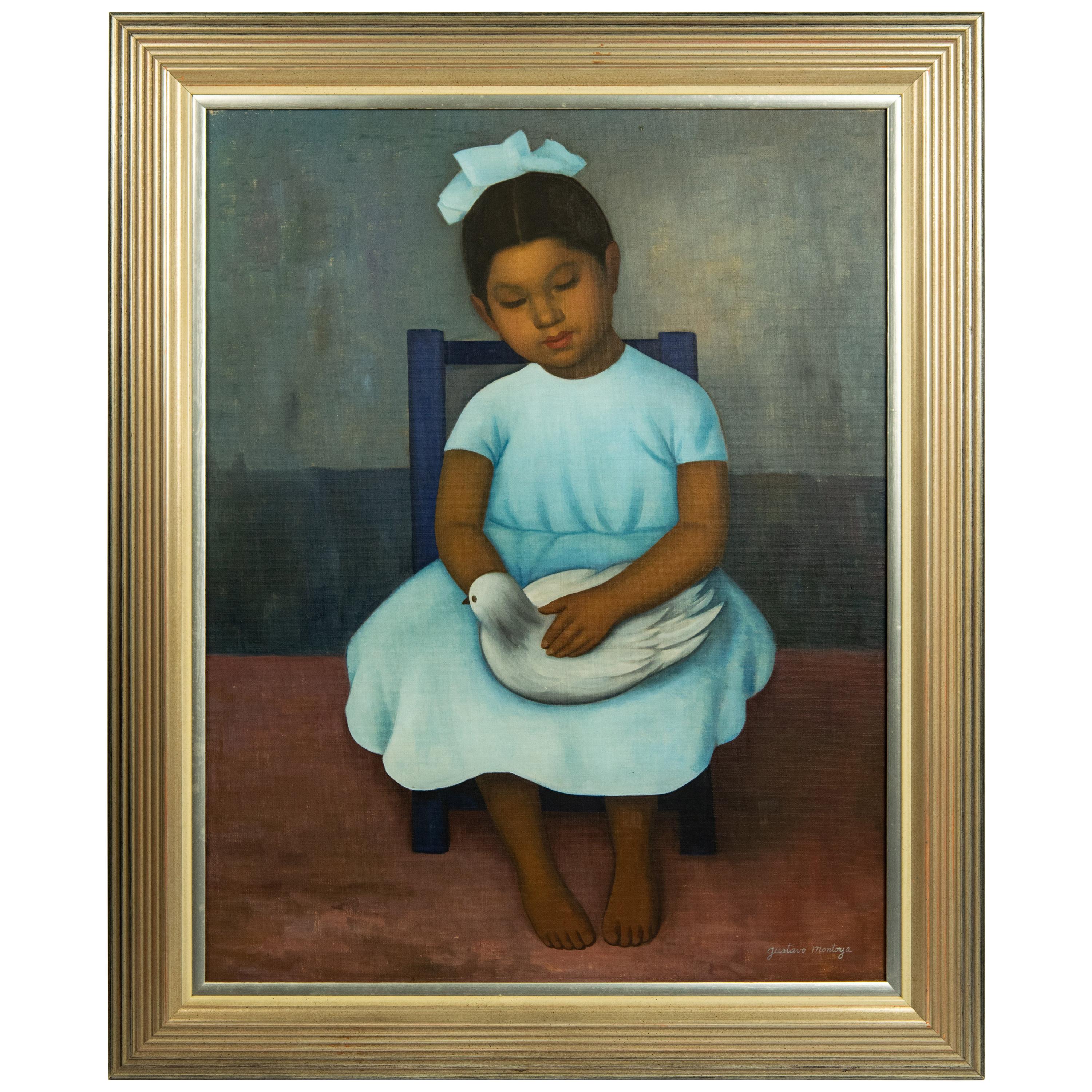 Gustavo Montoya Niña Sentada en Silla Girl and Dove Seated on Chair Oil Painting