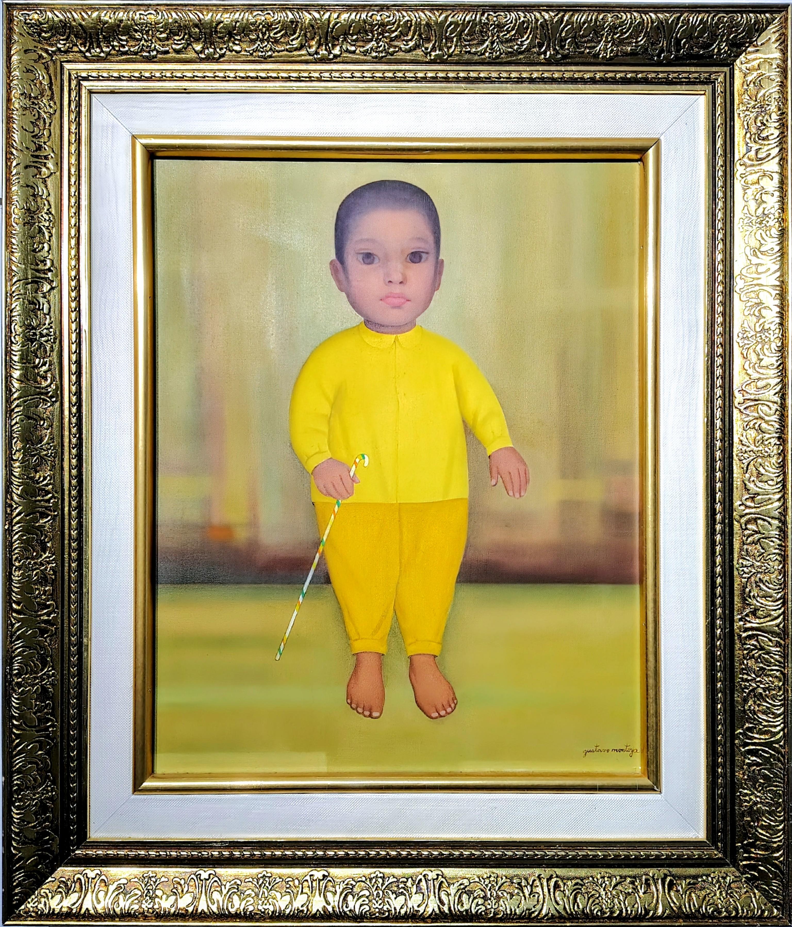 Gustavo Montoya Portrait Painting – GUSTAVO MONTOYA Gemälde - "Niño en amarillo" Öl auf Leinwand