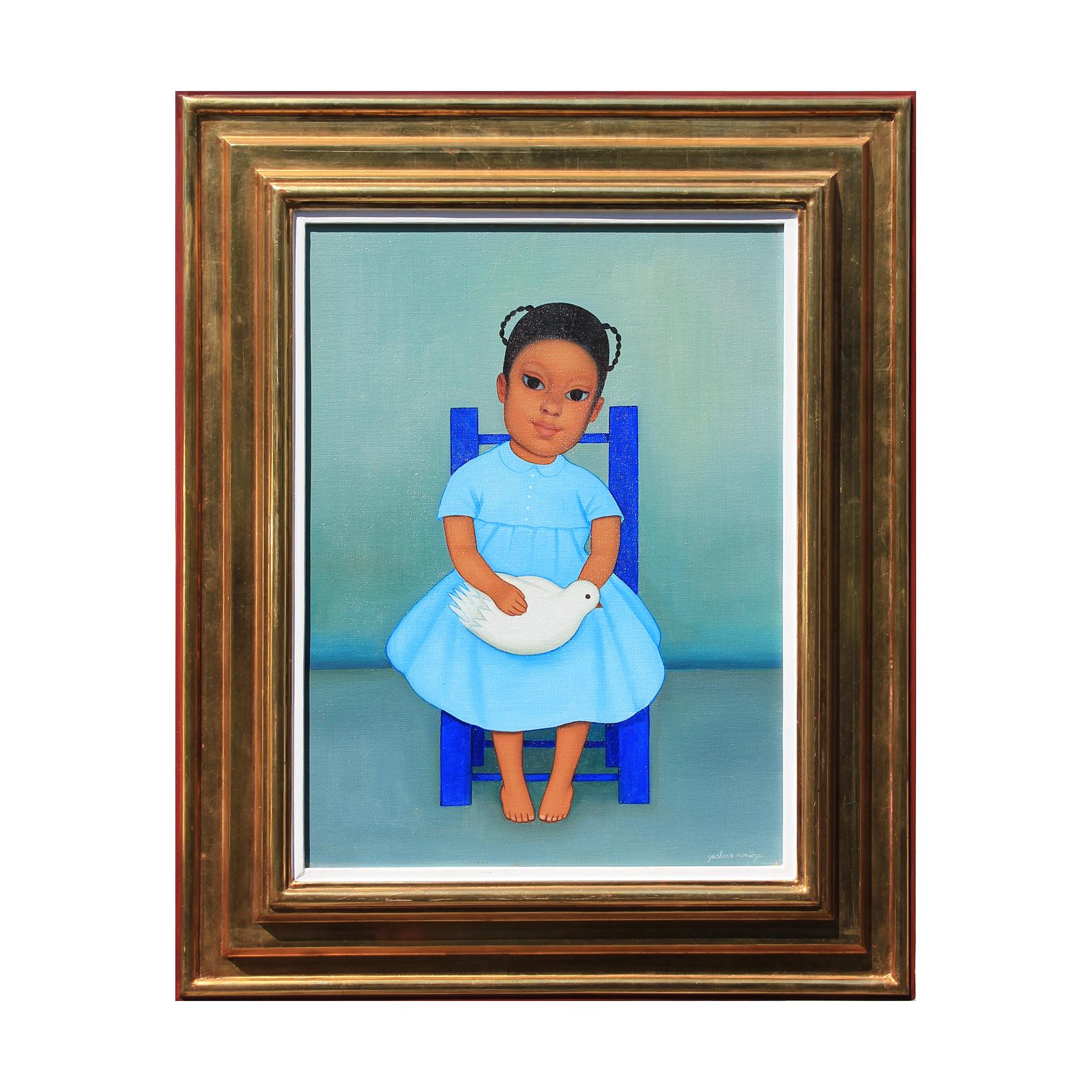 Gustavo Montoya Portrait Painting - "Niña con Paloma" Portrait of a Seated Girl in a Blue Dress Holding a Dove