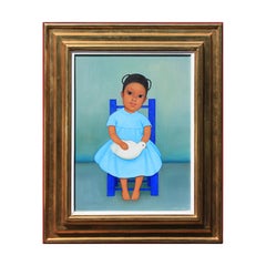 "Niña con Paloma" Portrait d'une jeune fille assise en robe bleue tenant une colombe