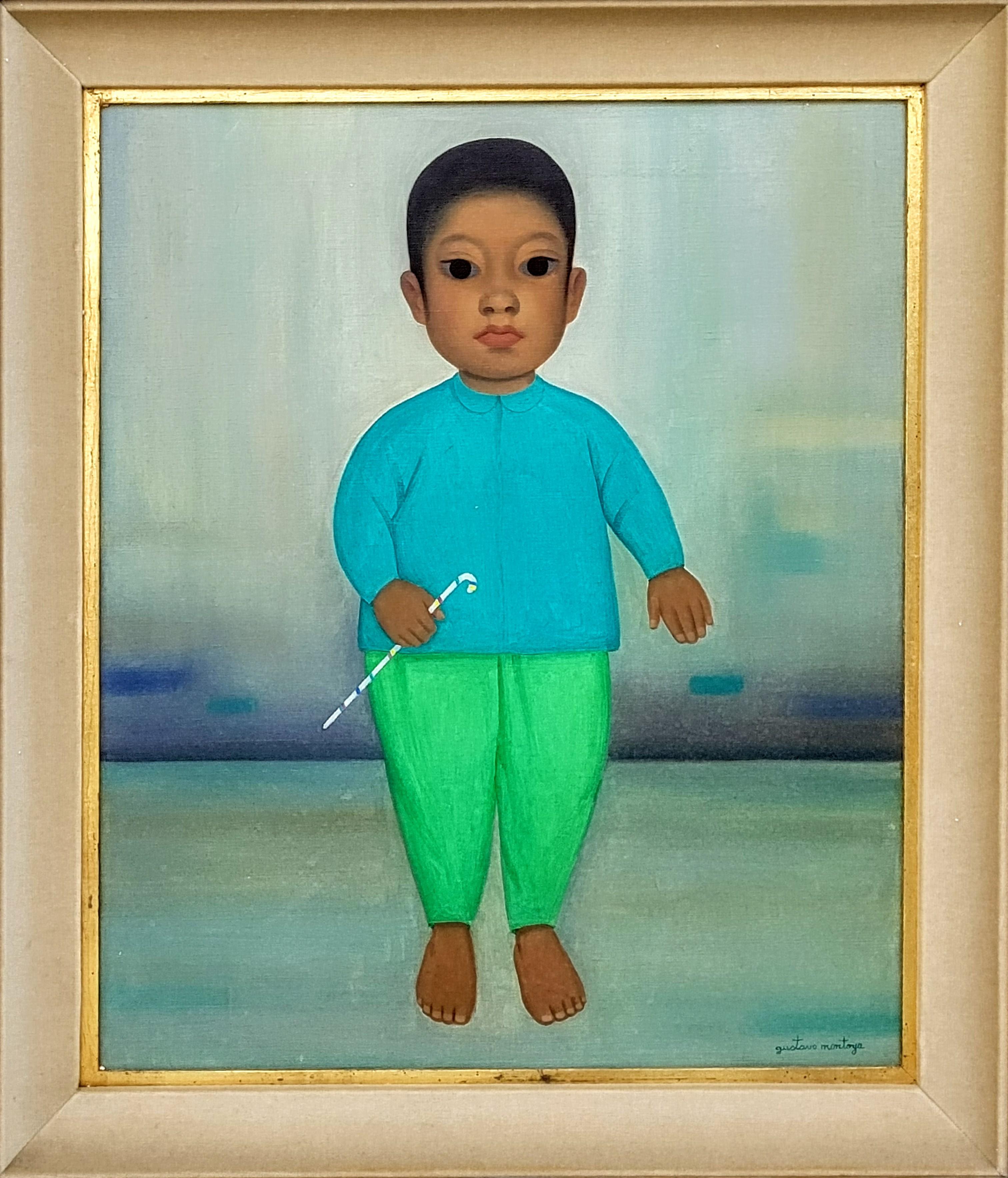 Gustavo Montoya Portrait Painting - Niño de Verde con Bastón de Dulce