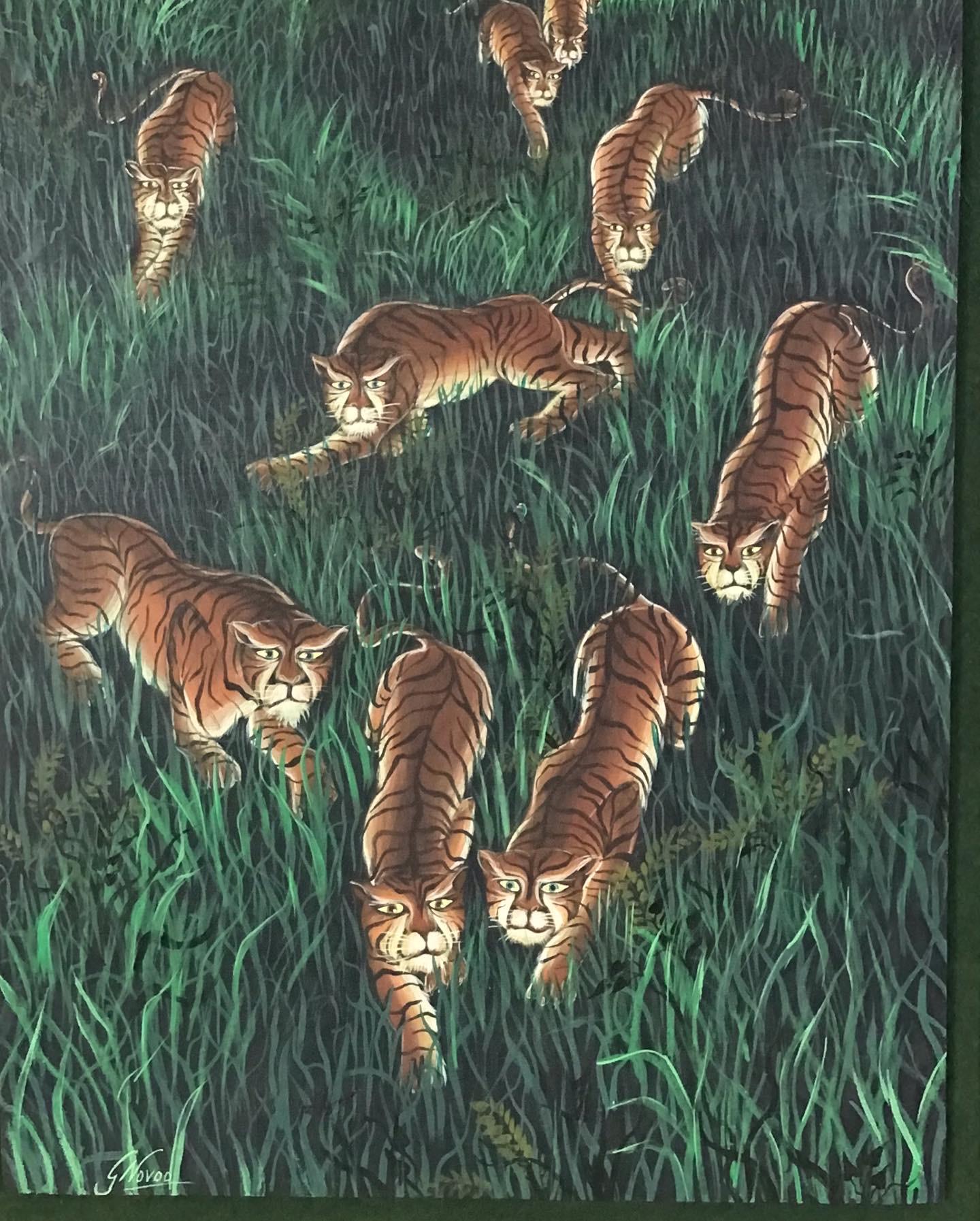 Gustavo Novoa Early 1960s Modern Naive Oil/Board Painting of a Group of Tigers 1