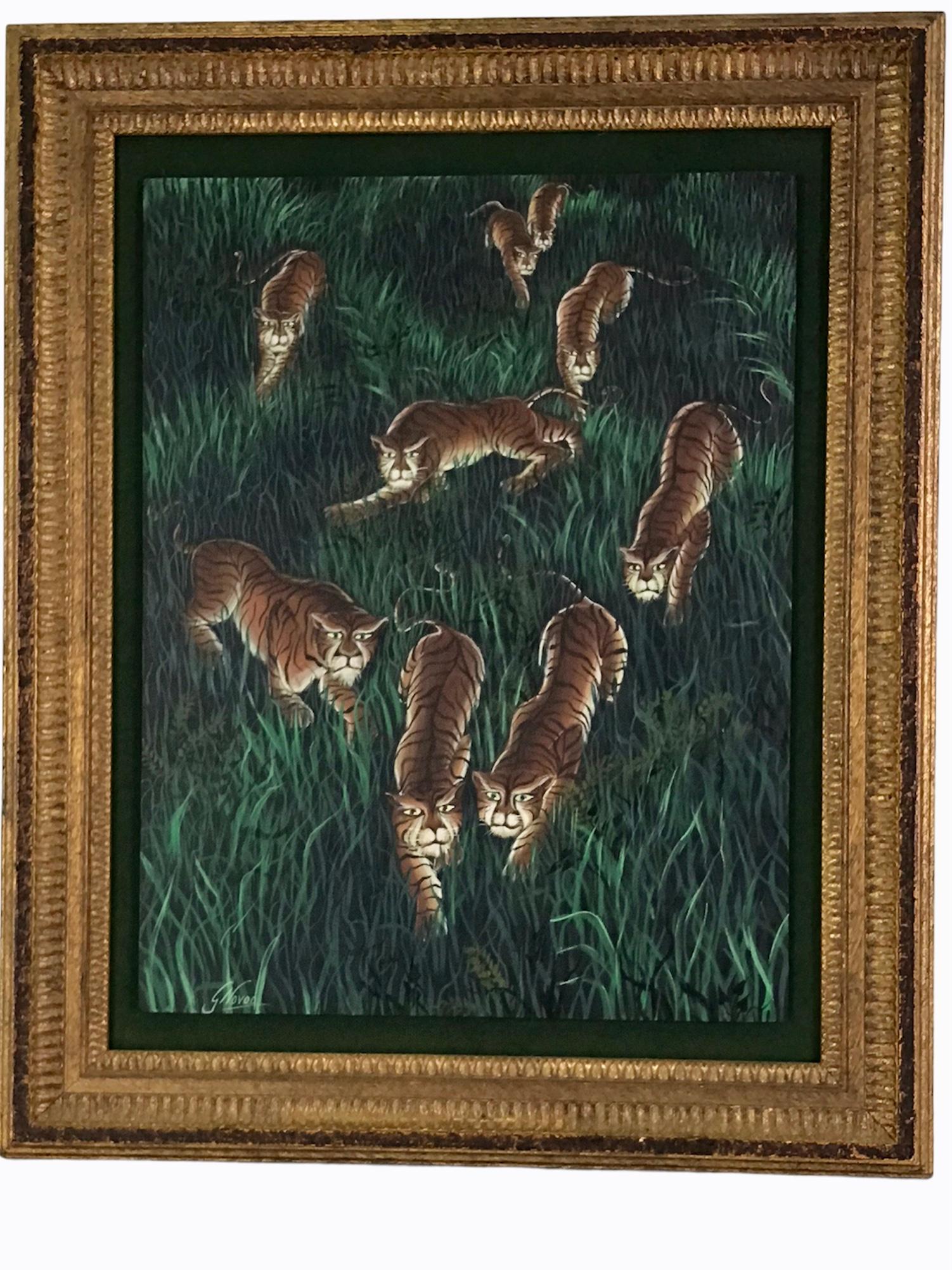 Gustavo Novoa Early 1960s Modern Naive Oil/Board Painting of a Group of Tigers 2