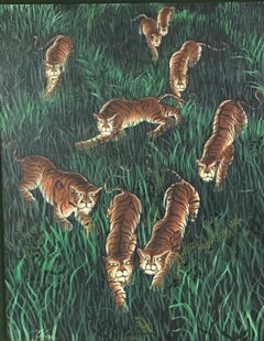 Gustavo Novoa Early 1960s Modern Naive Oil/Board Painting of a Group of Tigers