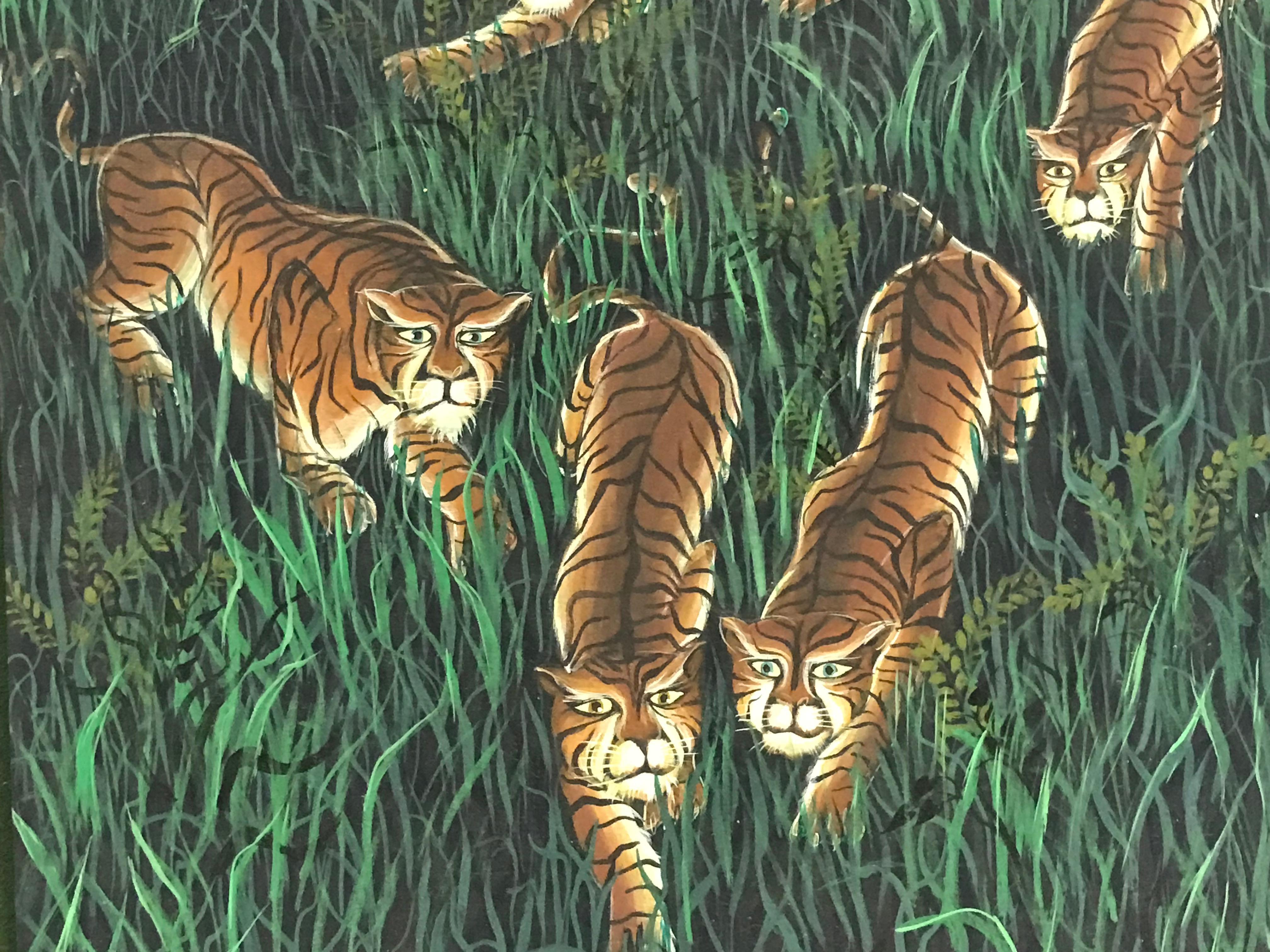 Mid-Century Modern Gustavo Novoa Early 1960s Modern Naive Oil/Board Painting of a Group of Tigers