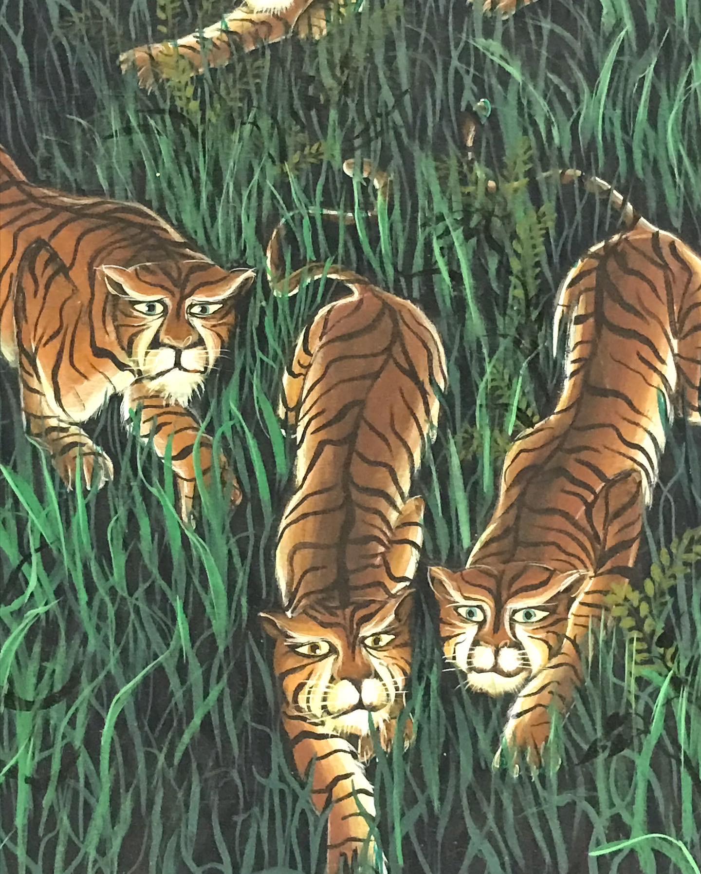 American Gustavo Novoa Early 1960s Modern Naive Oil/Board Painting of a Group of Tigers