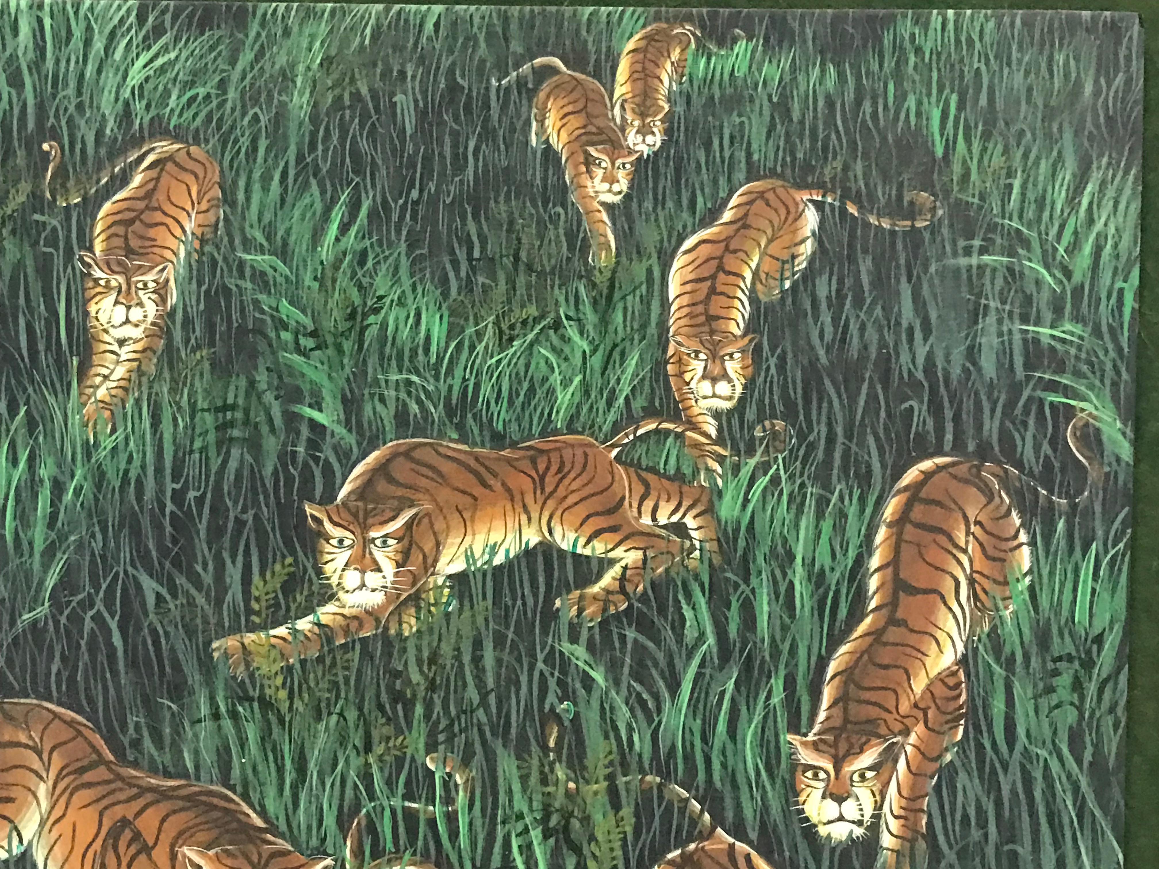 Gilt Gustavo Novoa Early 1960s Modern Naive Oil/Board Painting of a Group of Tigers