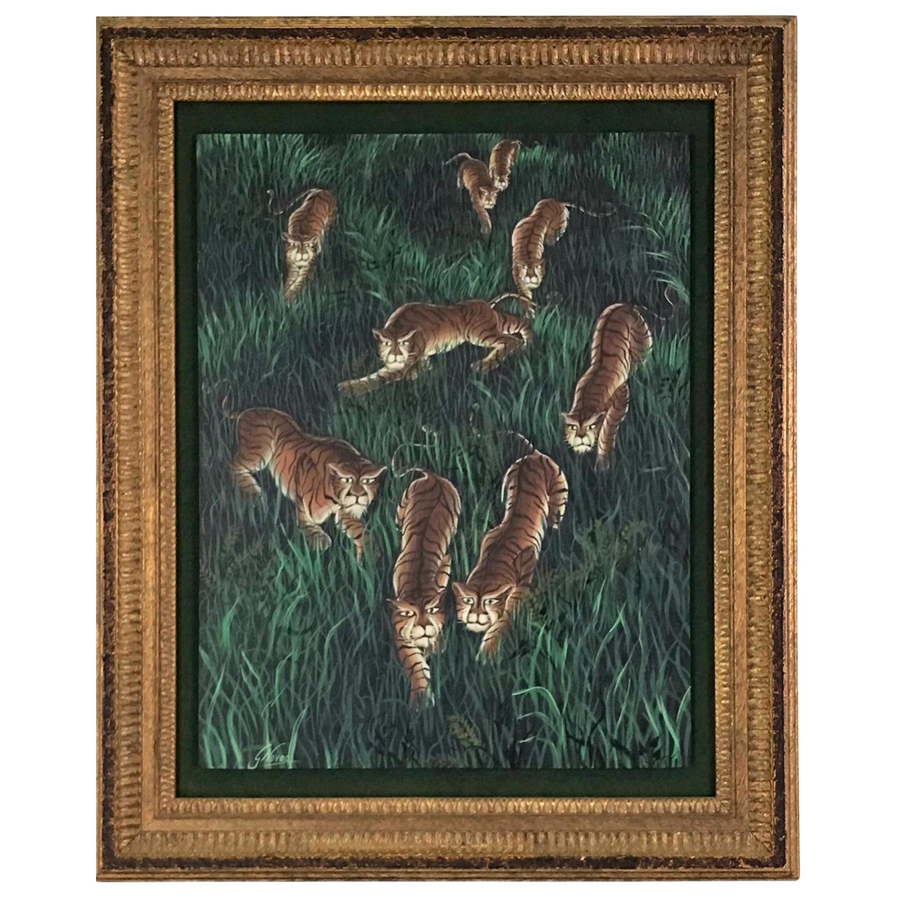 Gustavo Novoa Early 1960s Modern Naive Oil/Board Painting of a Group of Tigers