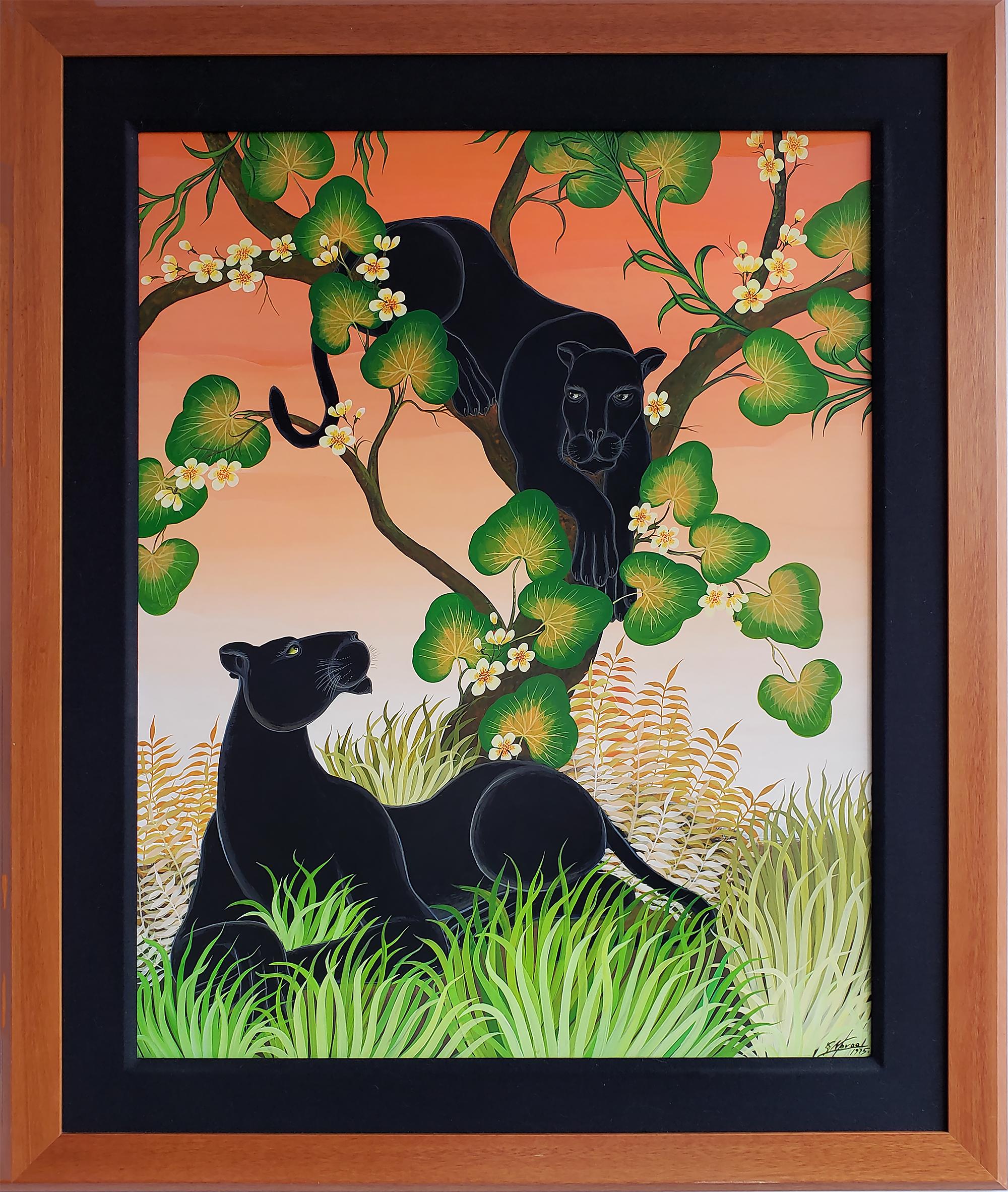 Black Panthers in a tree with a peach sky - Black Cats in Henri Maik Style - Painting by Gustavo Novoa