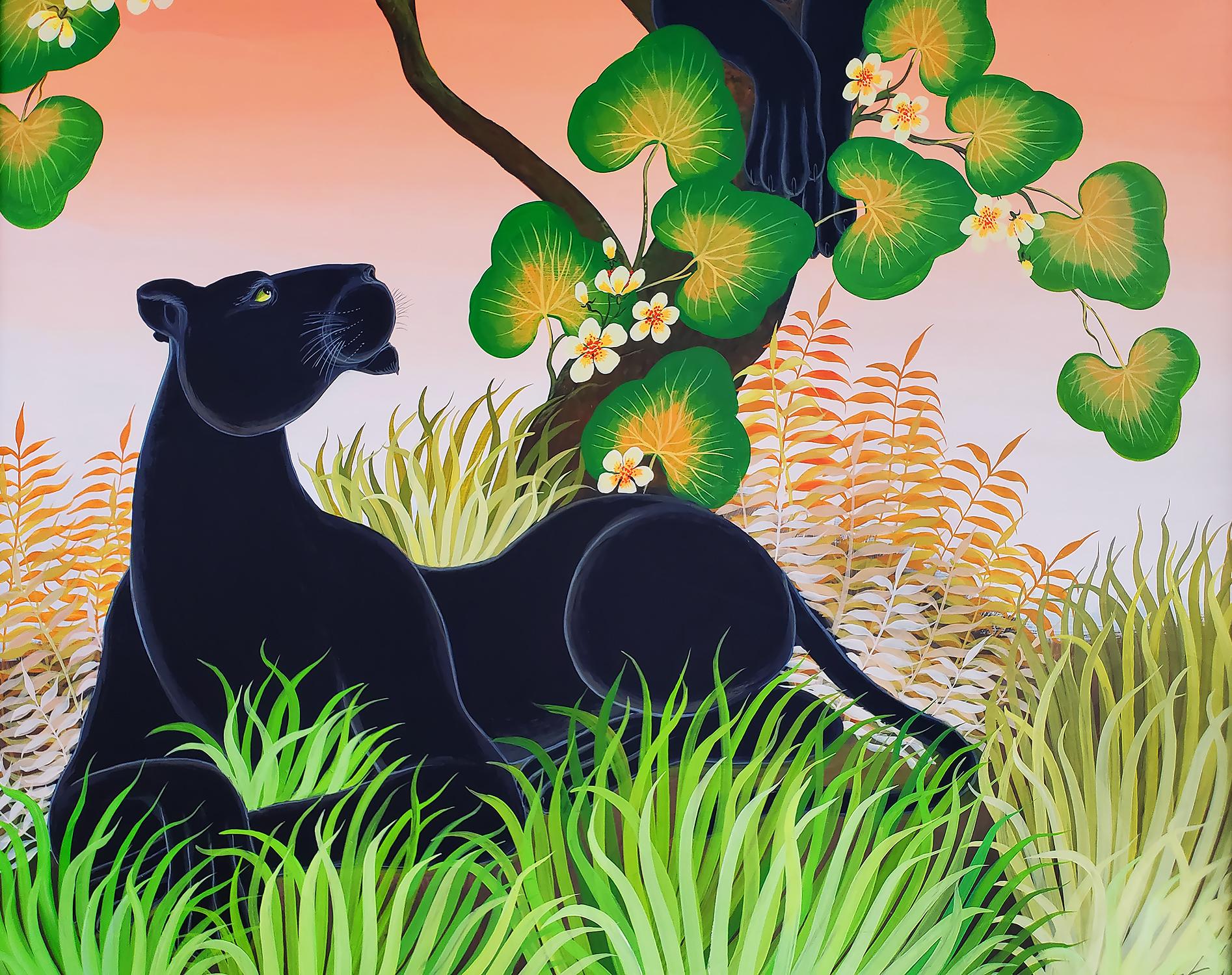 Black Panthers in a tree with a peach sky - Black Cats in Henri Maik Style - Orange Animal Painting by Gustavo Novoa