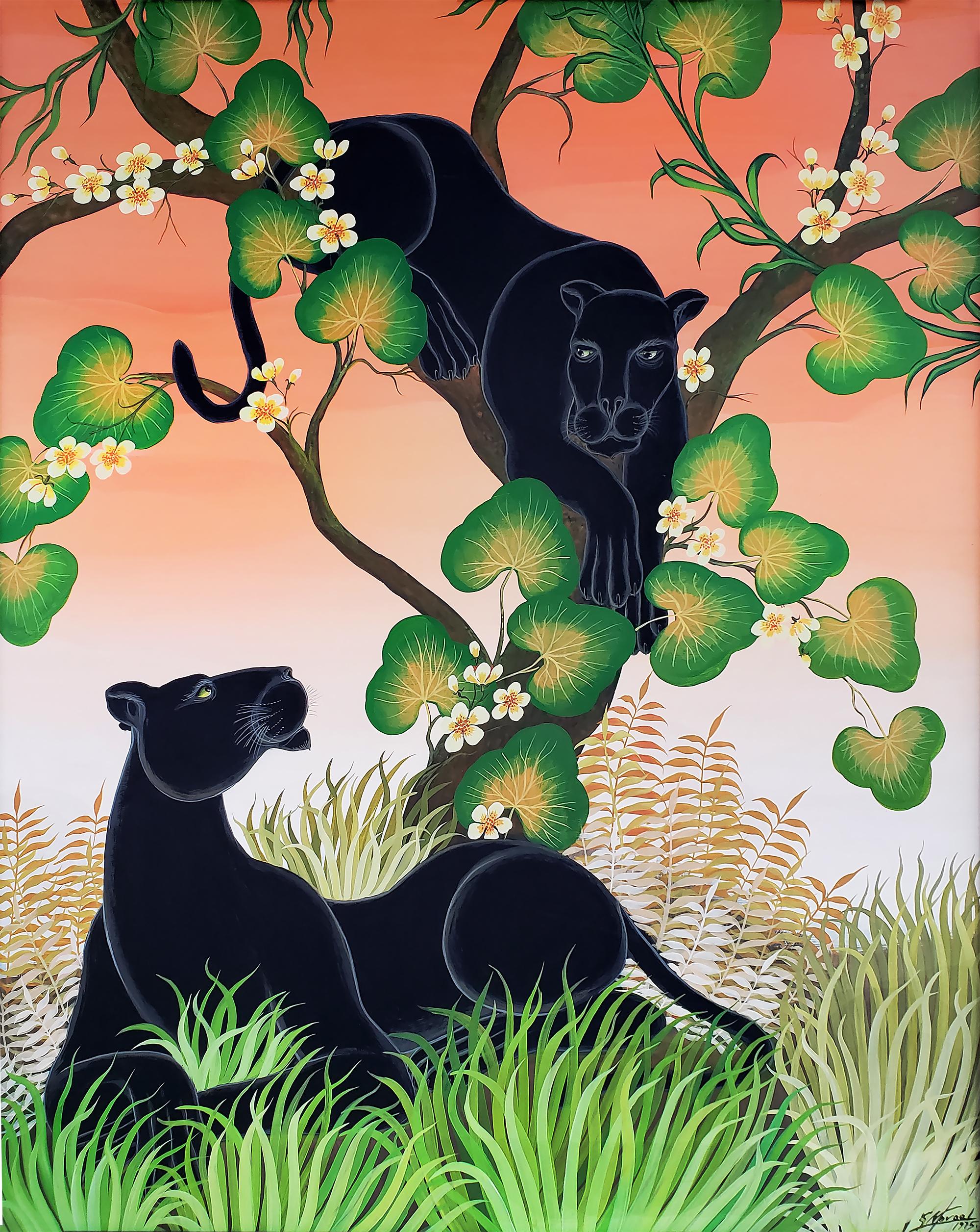 Gustavo Novoa Animal Painting - Black Panthers in a tree with a peach sky - Black Cats in Henri Maik Style