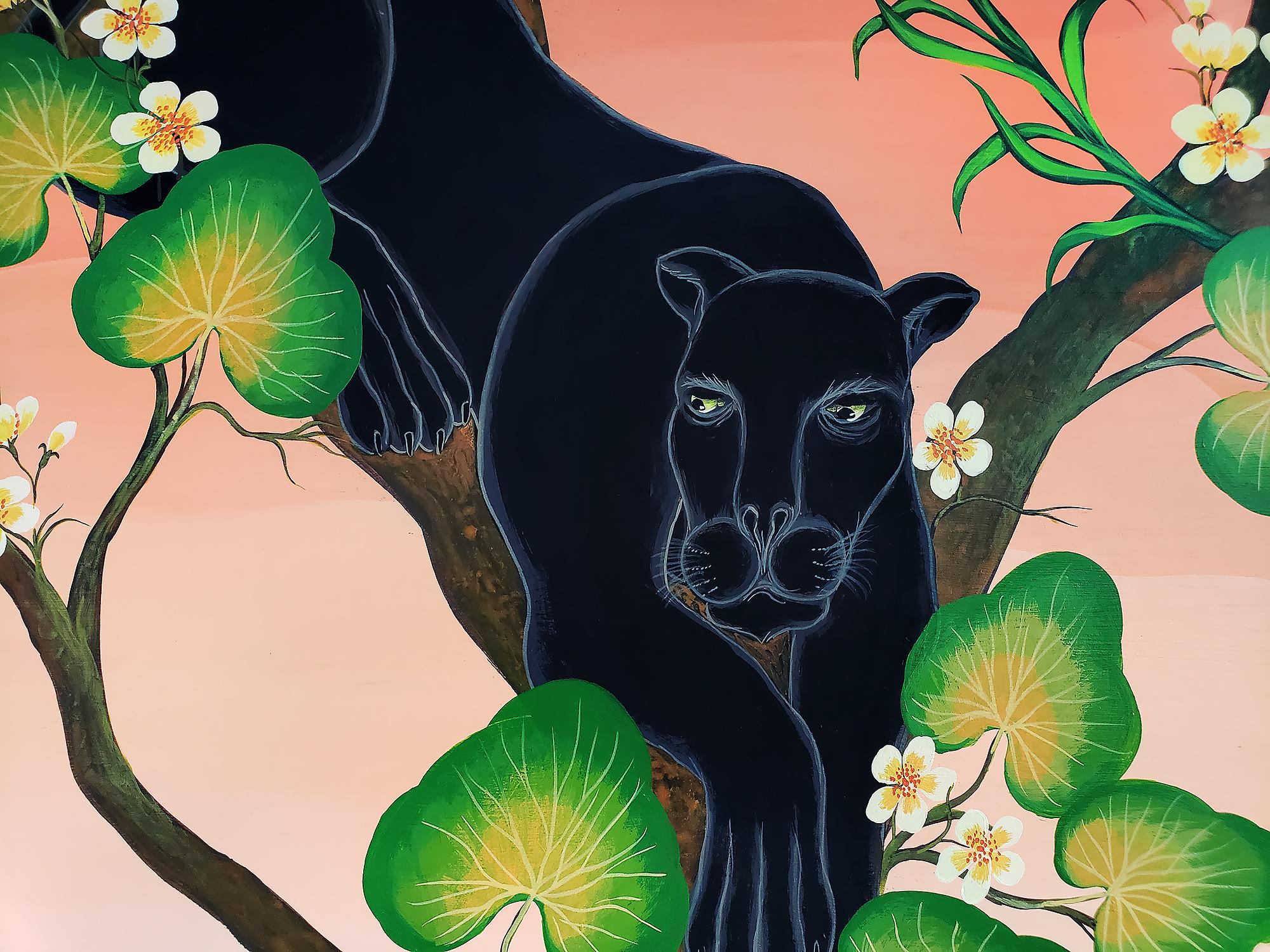 Black Panthers in a tree with a peach sky - Art Deco Painting by Gustavo Novoa