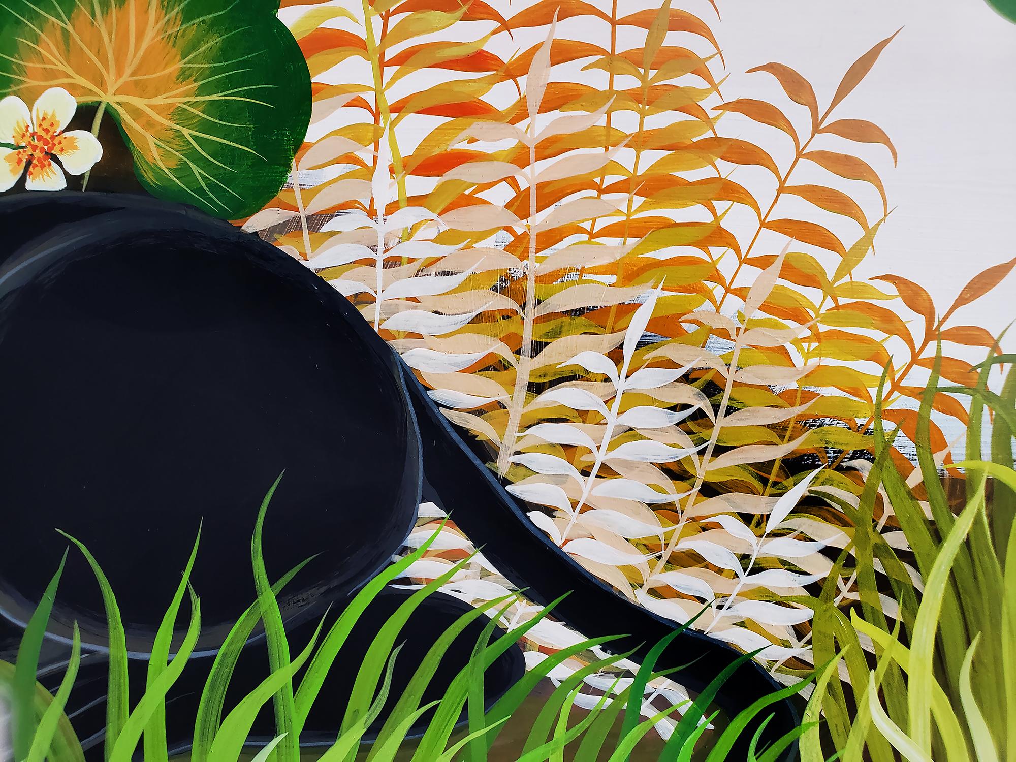 Beautiful composition of two black panthers interacting with each other.  One panther is in a tree while the other is rests in the tall grass as he gazes up.  A dreamy peach colored sky acts as in counterpoint to the green foliage. This work was