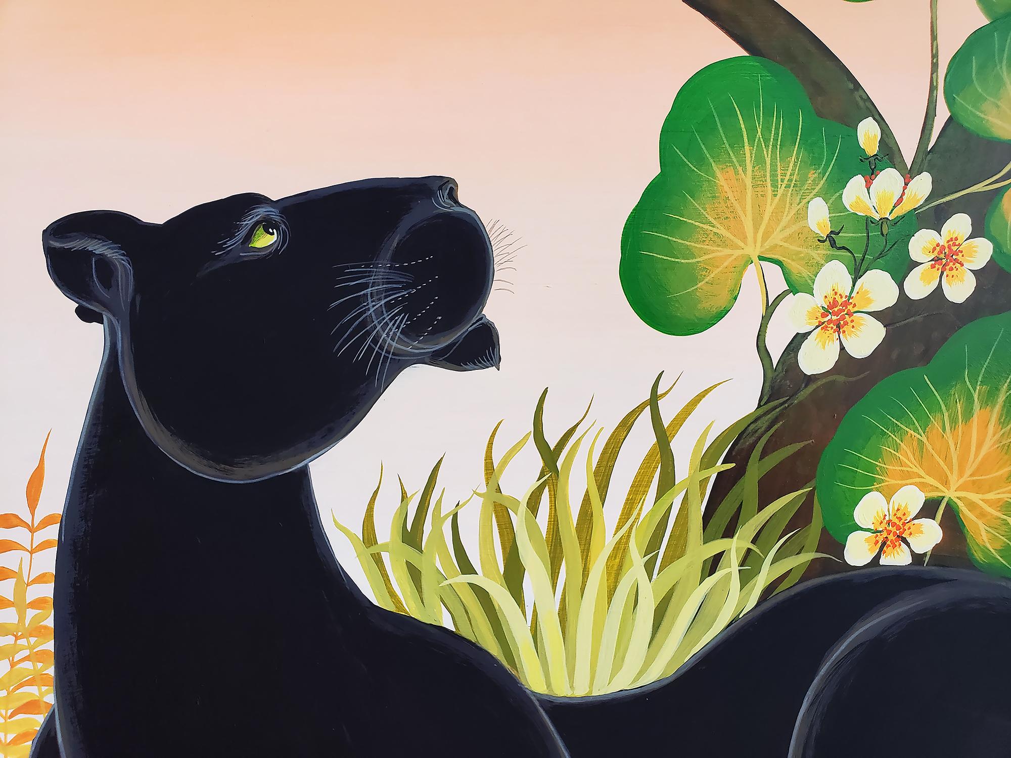 Beautiful composition of two black panthers interacting with each other.  One panther is in a tree while the other is rests in the tall grass as he gazes up.  A dreamy peach colored sky acts as in counterpoint to the green foliage. This work was