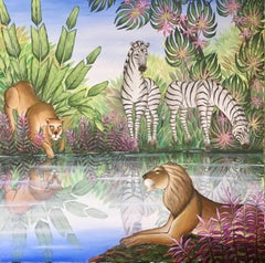 Courtship, Zebras & Lions Reflected Jungle Painting Surrealist Art Gustavo Novoa