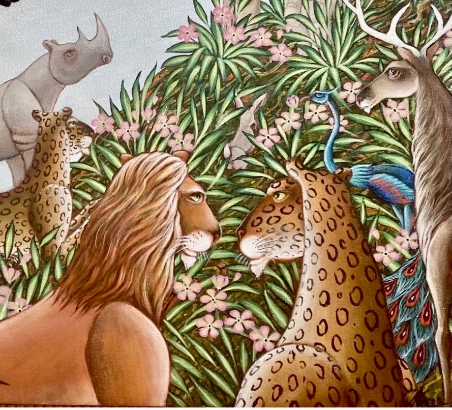 Original Painting Elephant, lion, leopard zebras and rhinoceros flowers in a lush tropical jungle setting. Titled 
