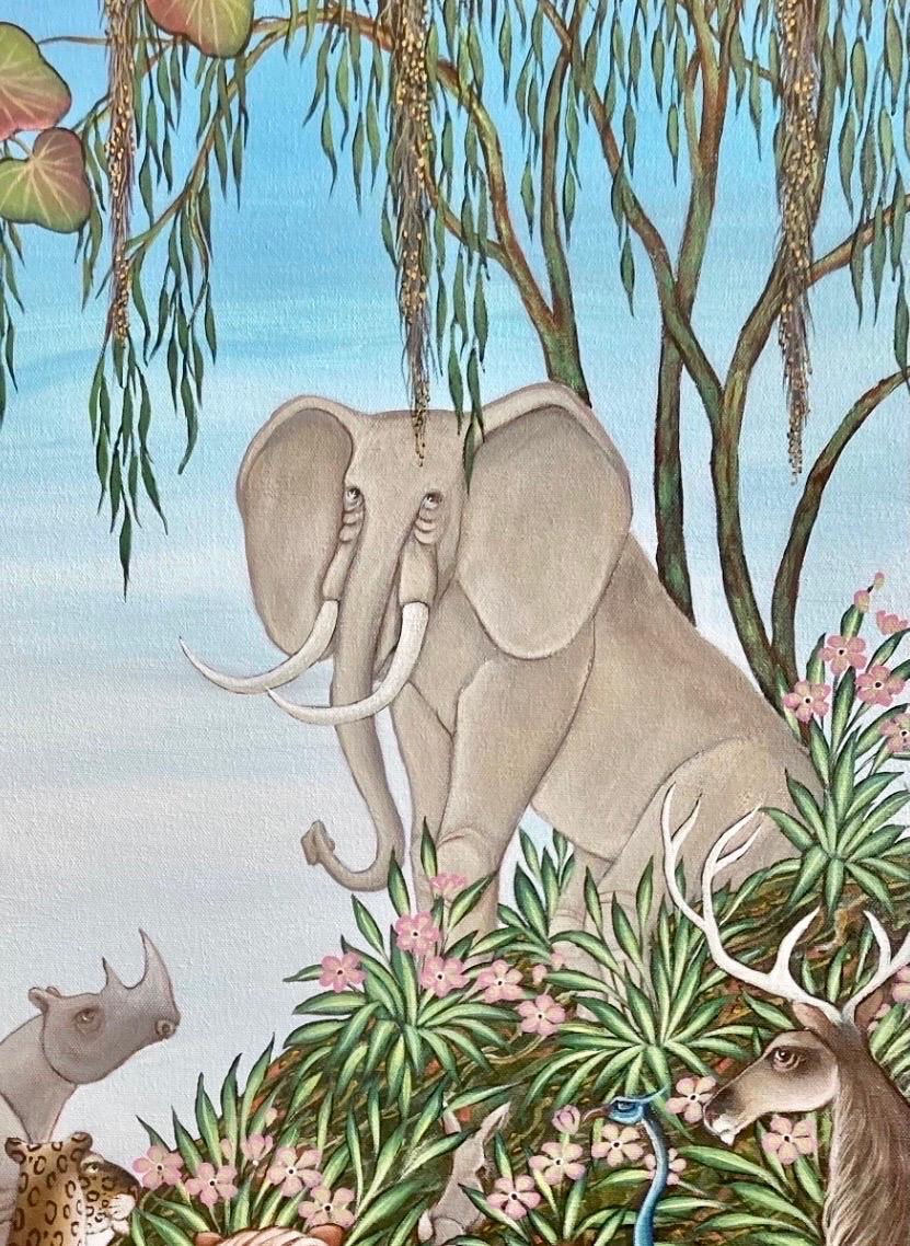 Elephant and Lions, Animal Paradise Jungle Painting Surrealist Art Gustavo Novoa For Sale 1