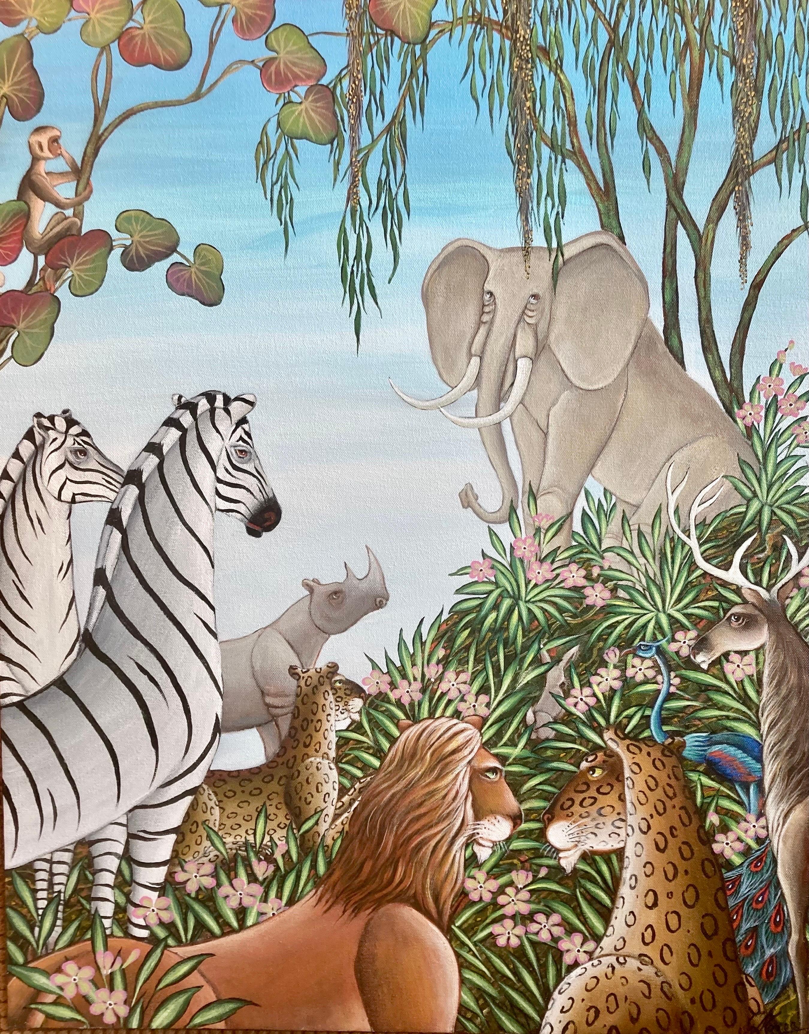 Originalgemälde Elefant, Löwe, Leopard, Zebra und Nashorn Blumen in einer üppigen tropischen Dschungelumgebung. Mit dem Titel "Elefantengedächtnis".
Rekto handsigniert und verso signiert, betitelt und datiert. 
Dies ist in seinem Buch