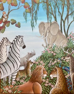 Used Elephant and Lions, Animal Paradise Jungle Painting Surrealist Art Gustavo Novoa