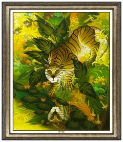 Gustavo Novoa Oil Painting on Board Large Original Animal Tiger Signed Artwork