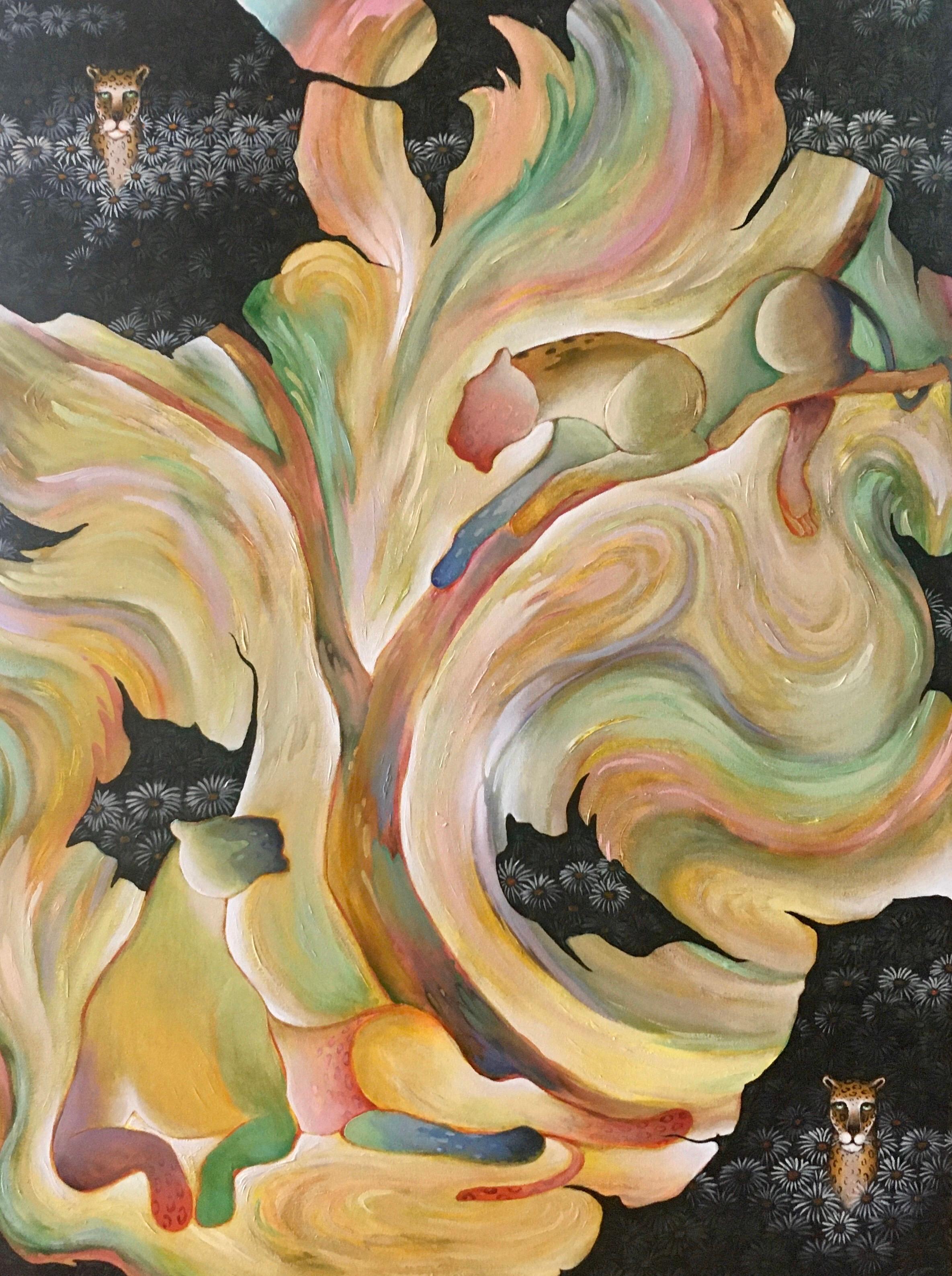 Gustavo Novoa Landscape Painting - Large Original Painting "Parallel Universe" Tropical Jungle Painting Leopards