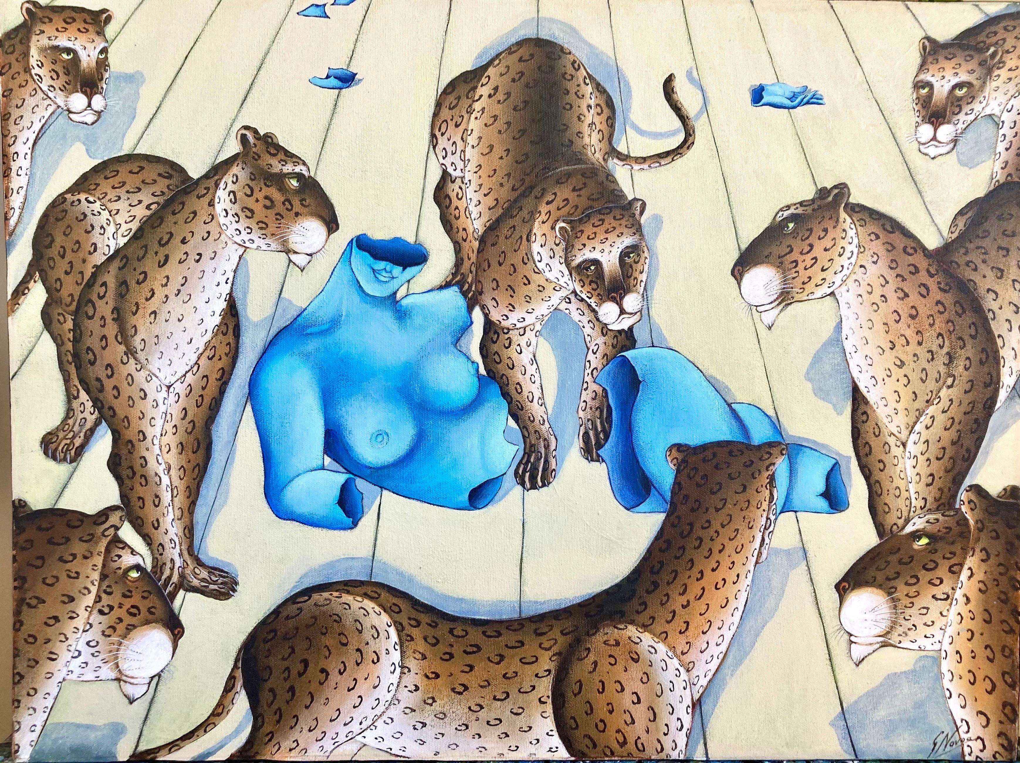 Original Painting leopards  surrounding a blue Venus nude sculpture. tropical jungle setting. Titled "Blue Venus".
Hand signed recto and signed, titled and dated verso. 

Gustavo Novoa, Born 1941 in Santiago, Chile, He attended the Academy of Fine