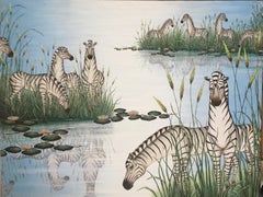 Vintage Original Painting "By The Pond" Tropical Jungle Painting Zebras, Gustavo Novoa