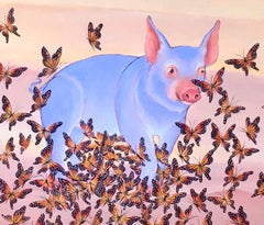 Original Painting Chinese Zodiac, Pig, Butterflies Surrealist Art, Gustavo Novoa