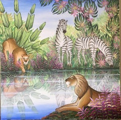 Original Painting "Courtship" Tropical Jungle Painting Lions Zebra Gustavo Novoa