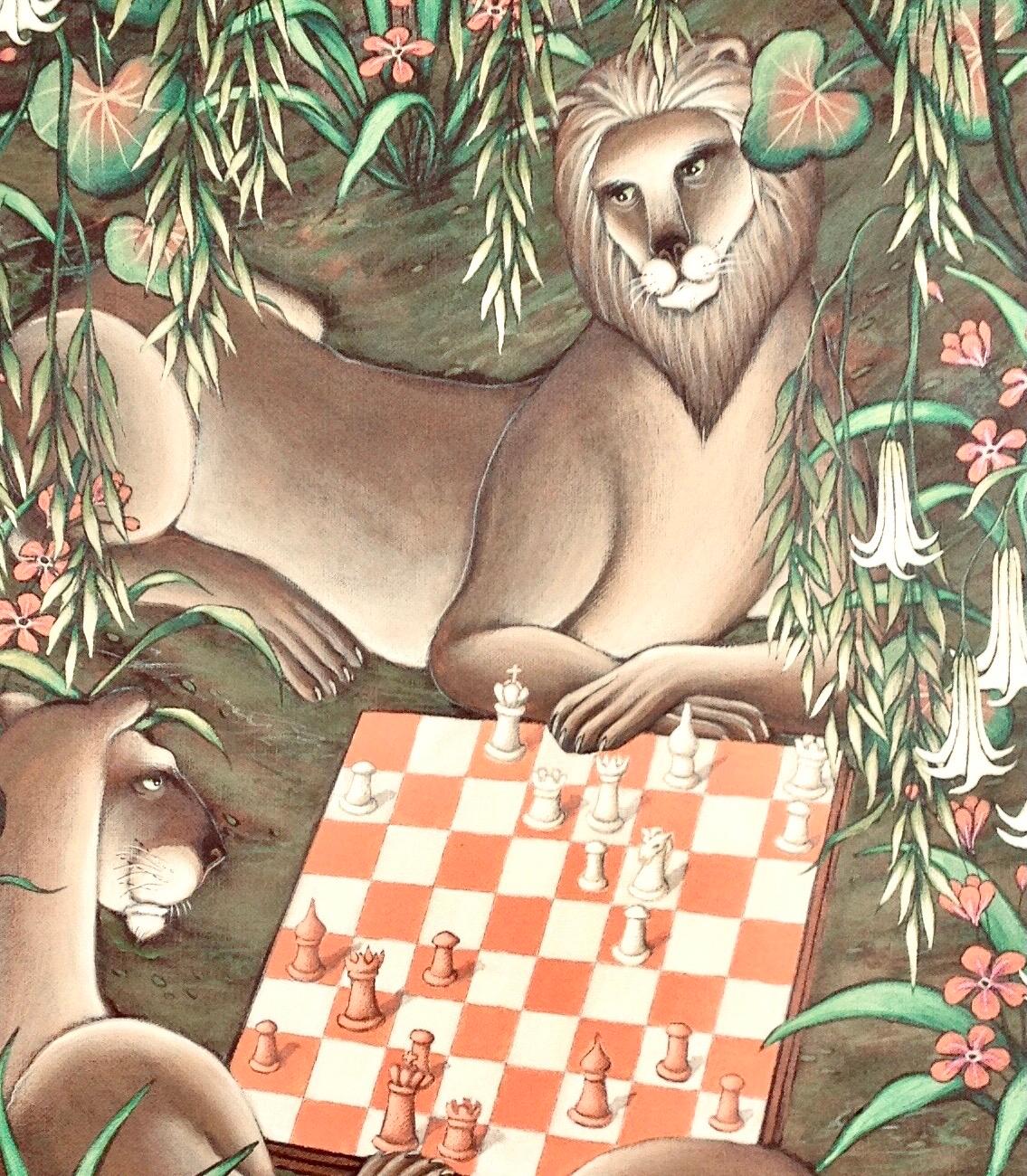 Lion and lioness playing chess, the game of kings, in a lush tropical jungle setting. 