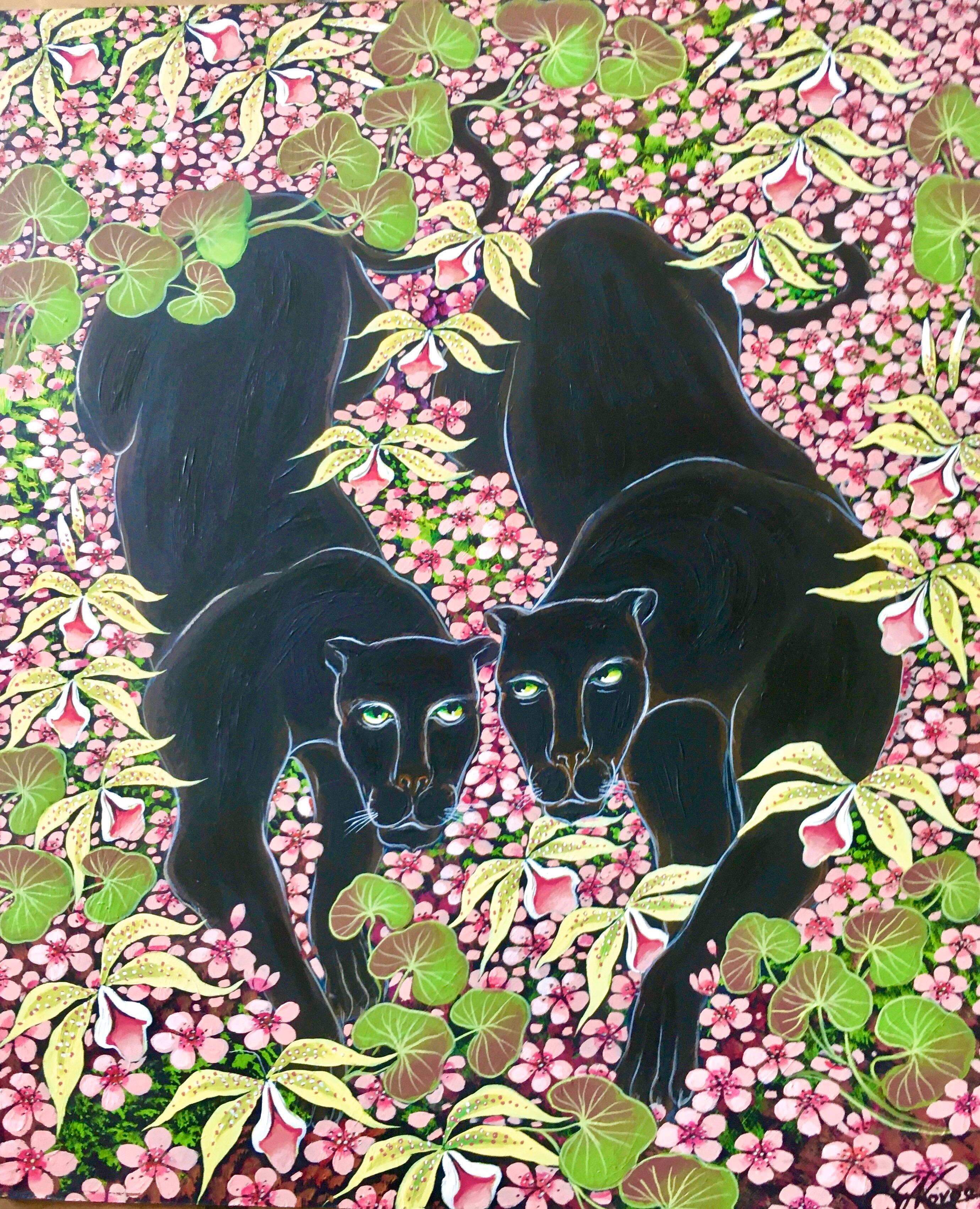Gustavo Novoa Animal Painting - Original Painting "Spring Walk" Tropical Jungle Painting Panthers 