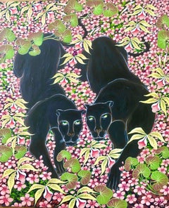 Vintage Original Painting "Spring Walk" Tropical Jungle Painting Panthers