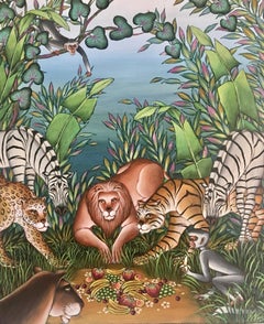 Painting "Sharing" Tropical Fruit, Lion, Zebra Lush Jungle Scene Gustavo Novoa