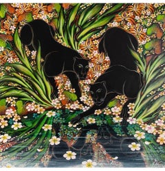 Panthers in Jungle Oil Painting Surrealist Art Gustavo Novoa Green Dark Mirror